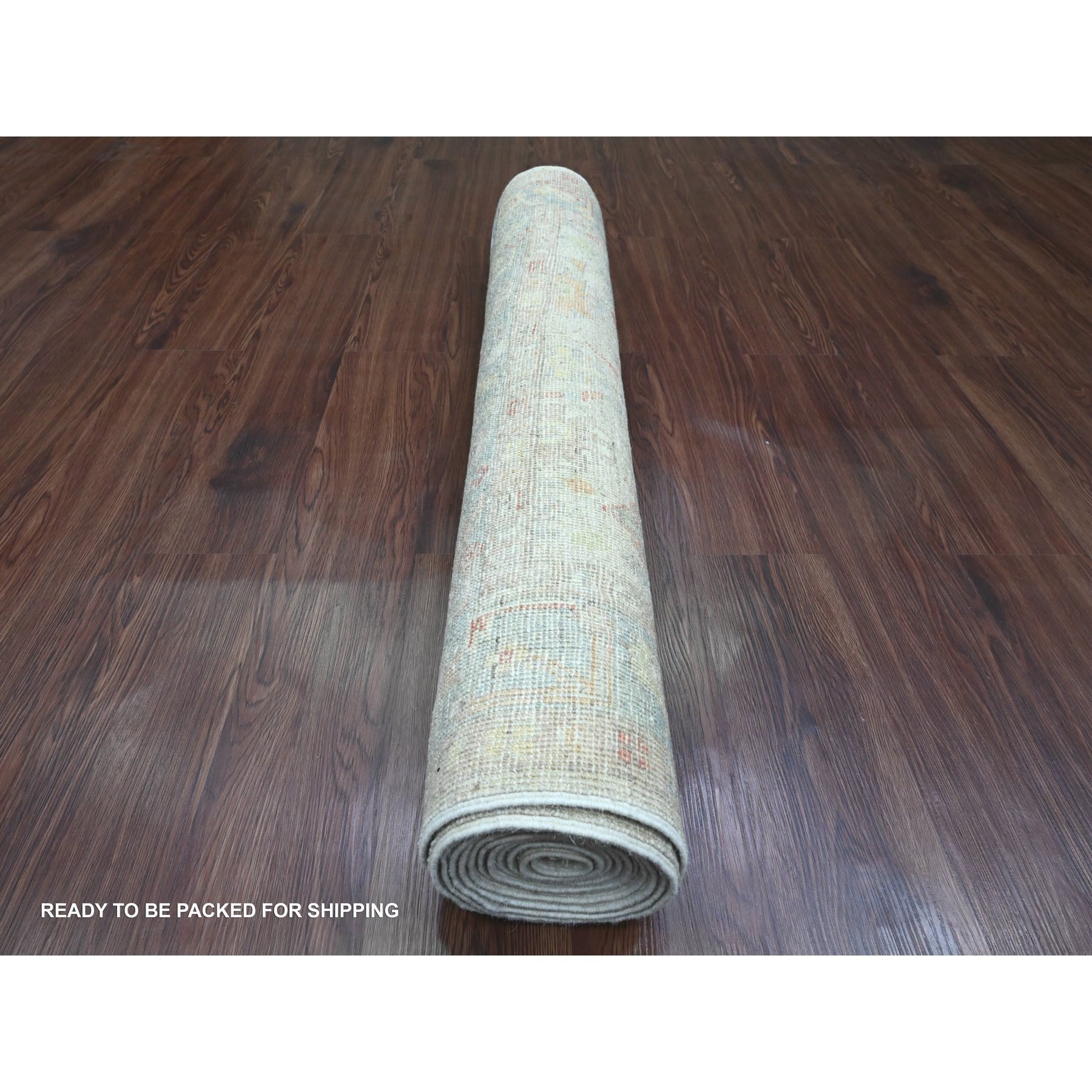 3'10"x12'3" Pearl White, Afghan Angora Oushak with Colorful Leaf Design, Hand Knotted, Veggie Dyes, 100% Wool, Runner, Oriental Rug Sh20074