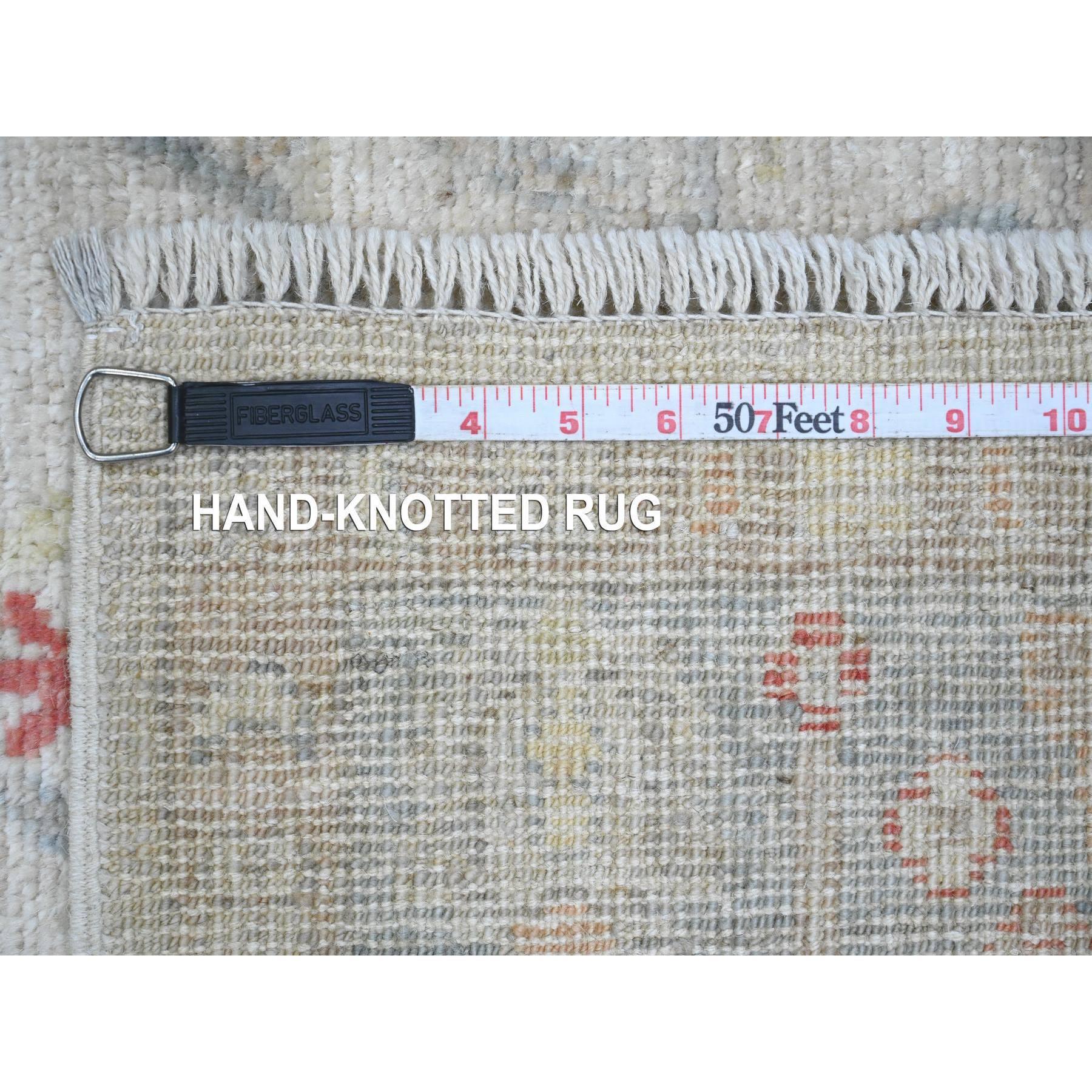 3'10"x12'3" Pearl White, Afghan Angora Oushak with Colorful Leaf Design, Hand Knotted, Veggie Dyes, 100% Wool, Runner, Oriental Rug Sh20074
