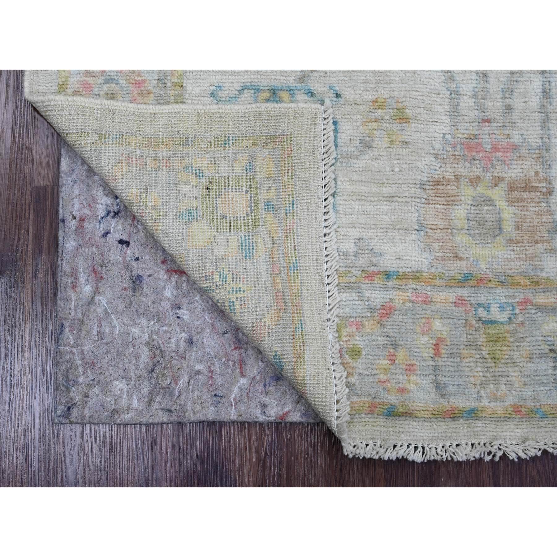 4'1"x9'6" Chiffon White, Hand Knotted, Afghan Angora Oushak with Colorful Leaf Design, Vegetable Dyes, 100% Wool, Wide Runner, Oriental Rug Sh20076