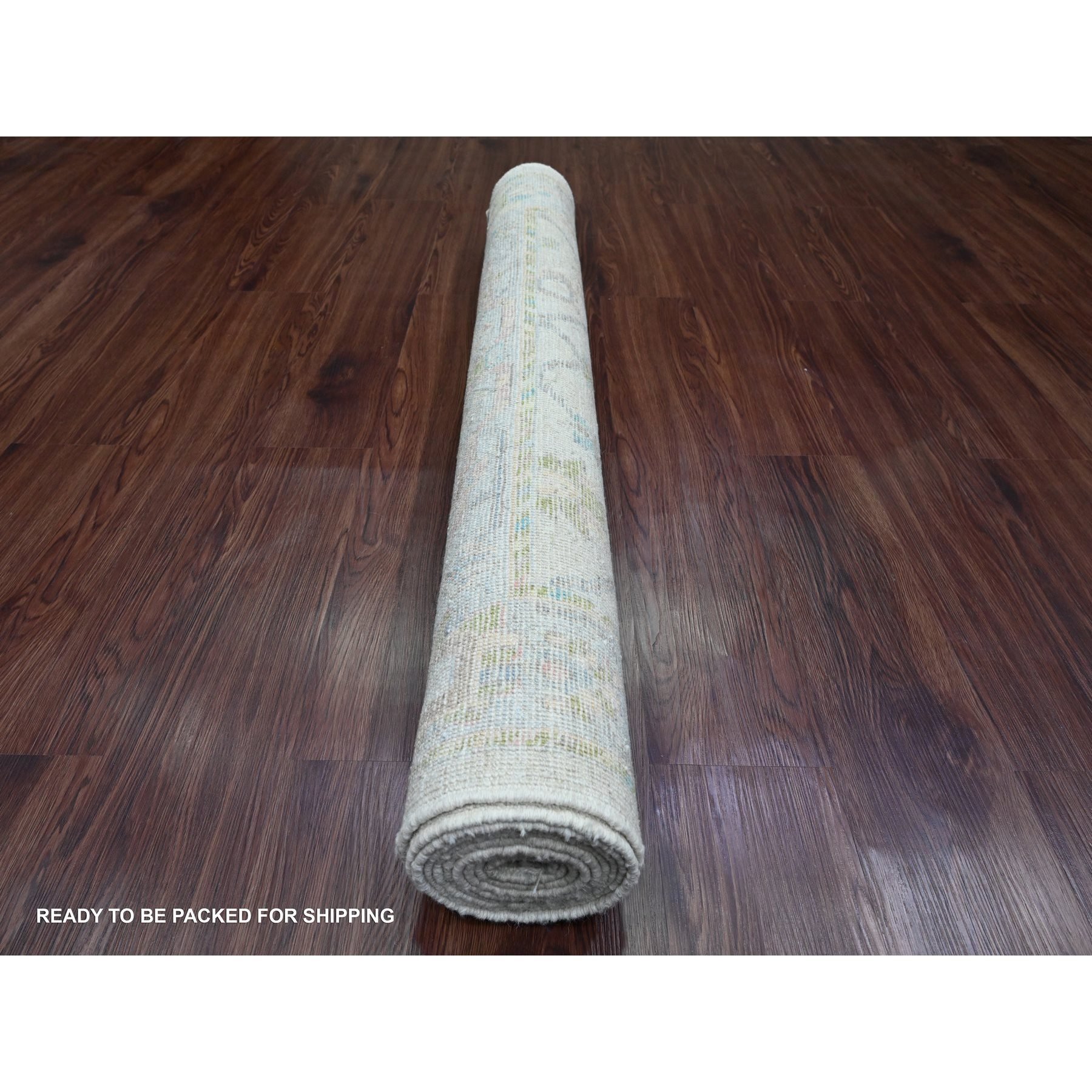 4'1"x9'6" Chiffon White, Hand Knotted, Afghan Angora Oushak with Colorful Leaf Design, Vegetable Dyes, 100% Wool, Wide Runner, Oriental Rug Sh20076