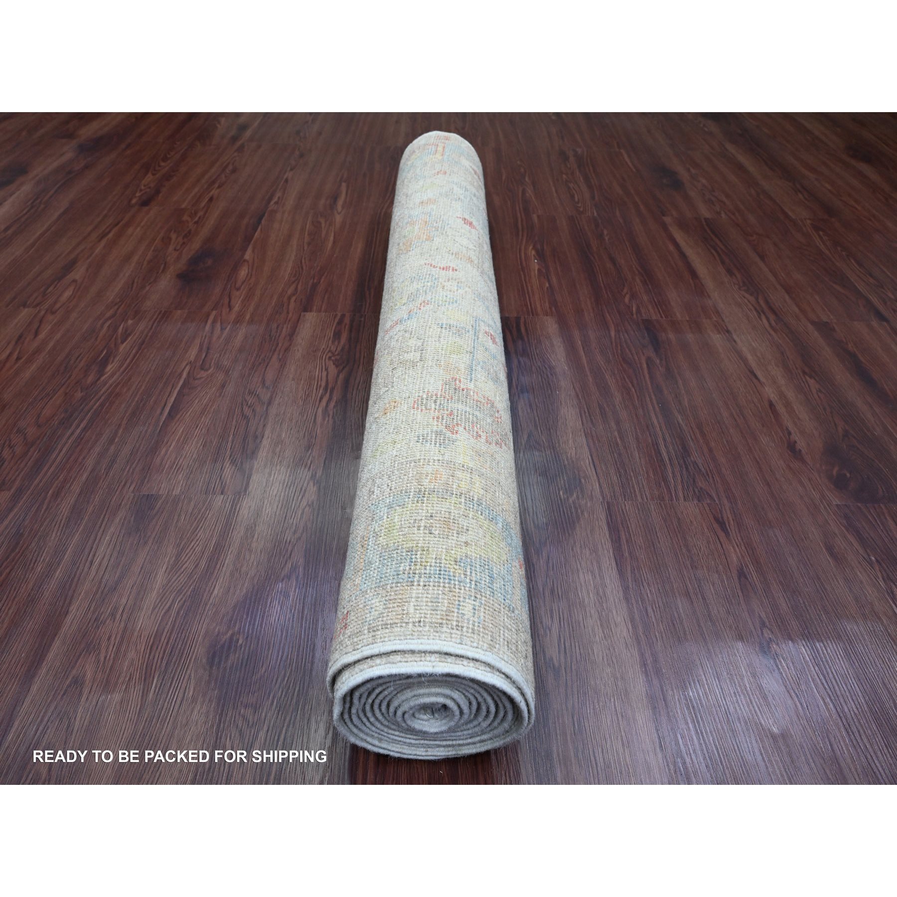 4'x12'3' Cotton White, Afghan Angora Oushak with All Over Leaf Design, Veggie Dyes, Hand Knotted, 100% Wool, Wide Runner, Oriental Rug Sh20077