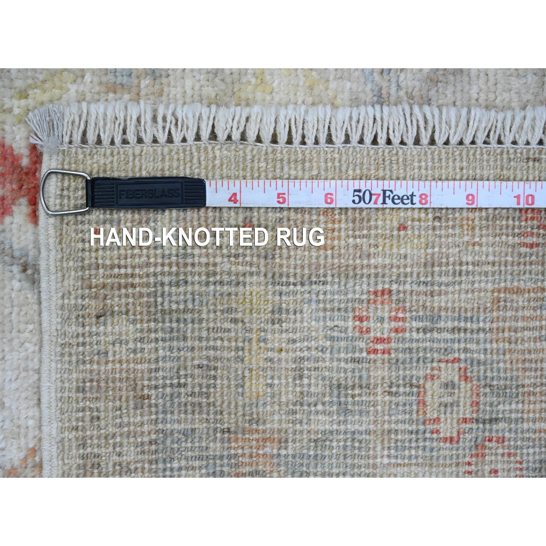 4'x12'3' Cotton White, Afghan Angora Oushak with All Over Leaf Design, Veggie Dyes, Hand Knotted, 100% Wool, Wide Runner, Oriental Rug Sh20077