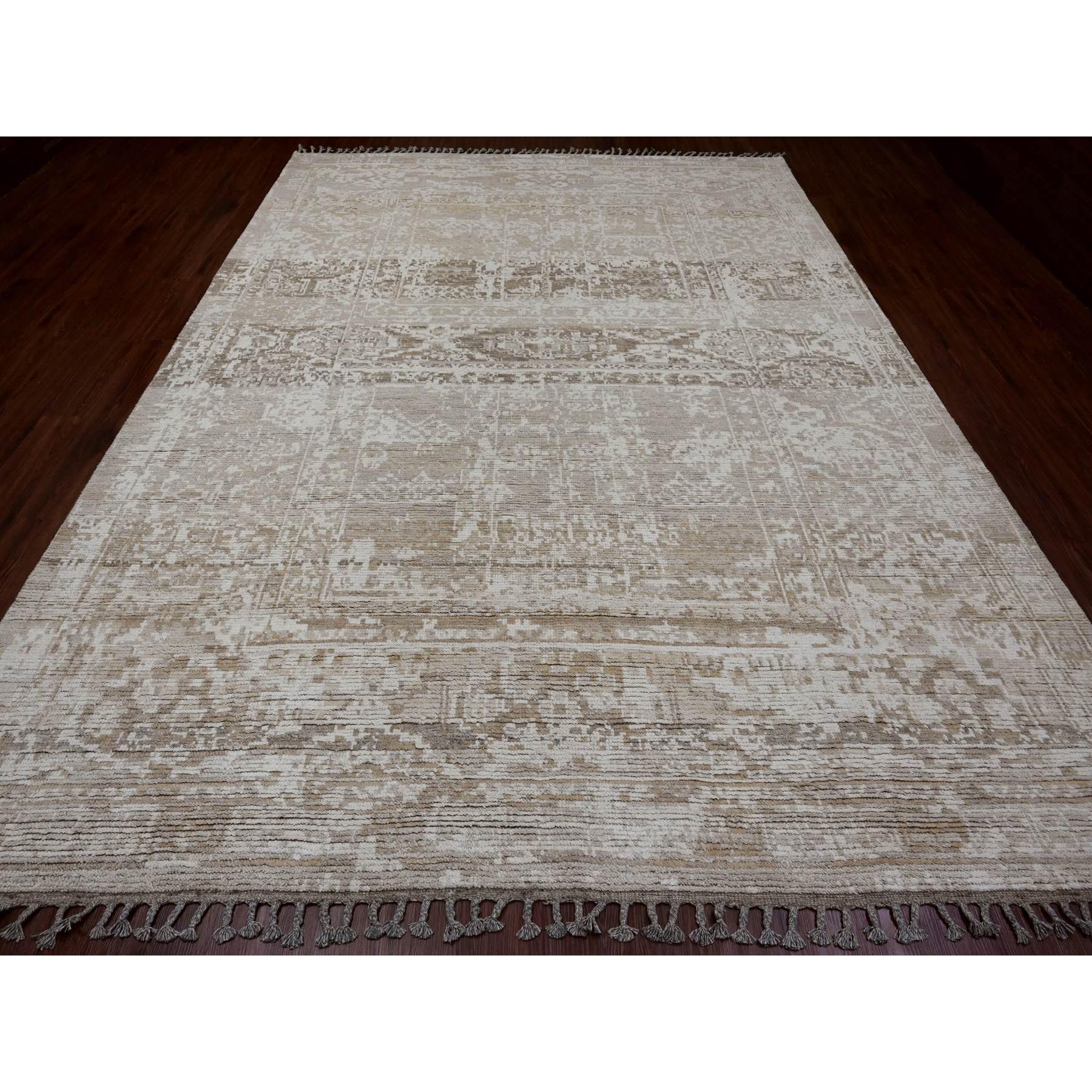 9'1"x12'5" Dark Vanilla Brown, Moroccan Weave with Erased and Broken Pattern, Abrash, Hand Knotted, Pure Wool, Oriental Rug Sh20079