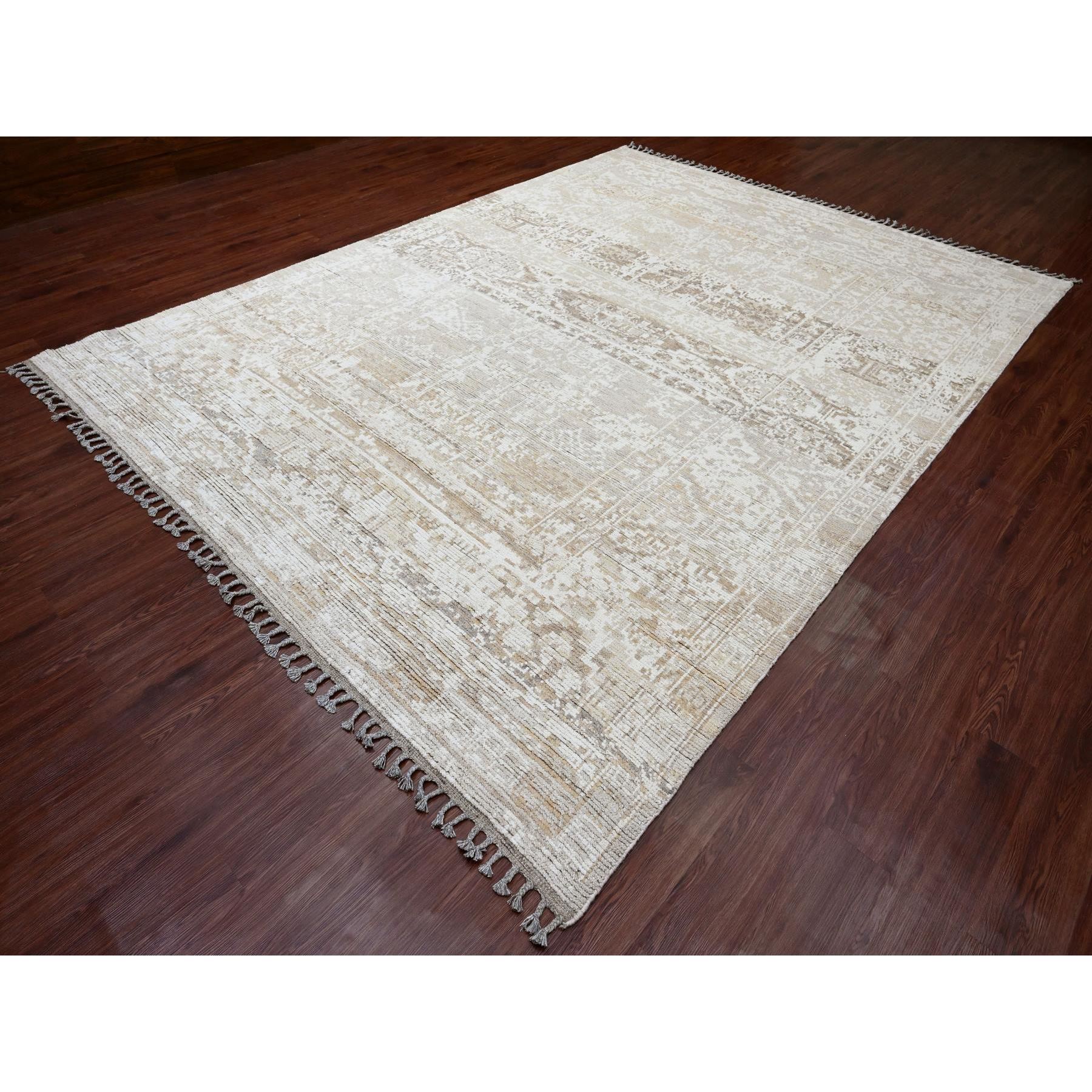 9'1"x12'5" Dark Vanilla Brown, Moroccan Weave with Erased and Broken Pattern, Abrash, Hand Knotted, Pure Wool, Oriental Rug Sh20079
