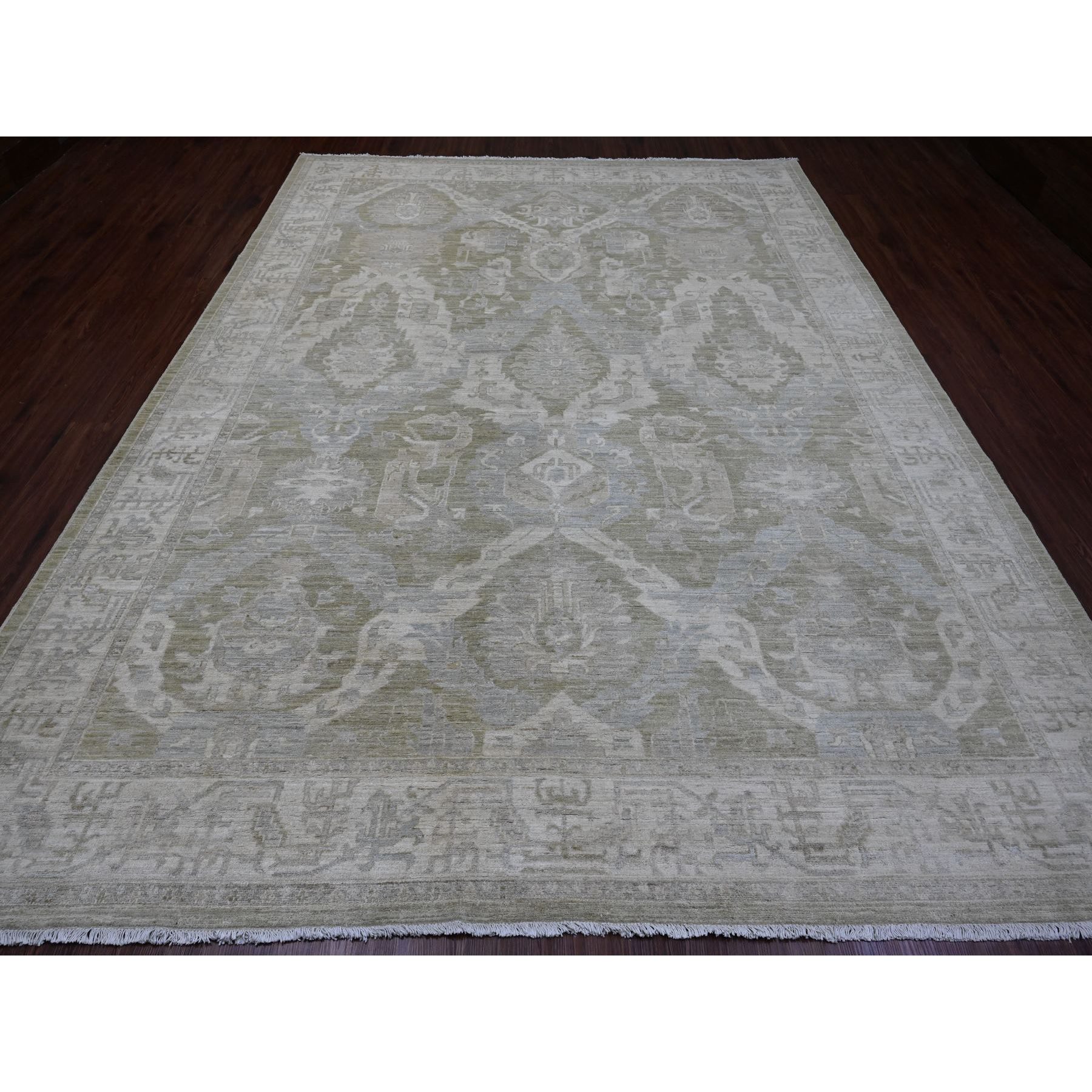 9'x11'9" Artichoke Green, Antiqued Peshawar with Ziegler Mahal Design, Vegetable Dyes, Hand Knotted, 100% Wool, Oriental Rug Sh20082