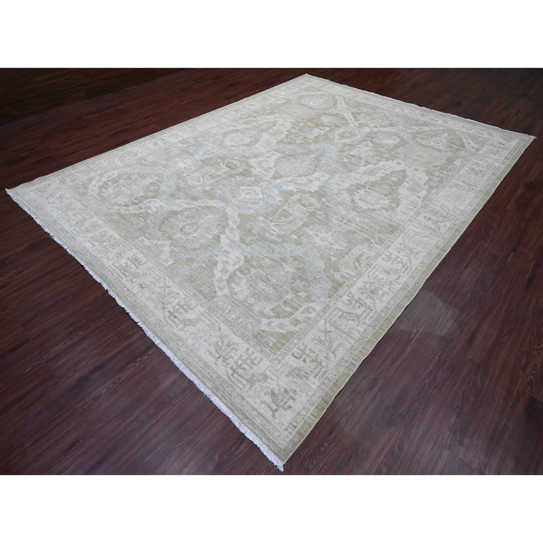 9'x11'9" Artichoke Green, Antiqued Peshawar with Ziegler Mahal Design, Vegetable Dyes, Hand Knotted, 100% Wool, Oriental Rug Sh20082
