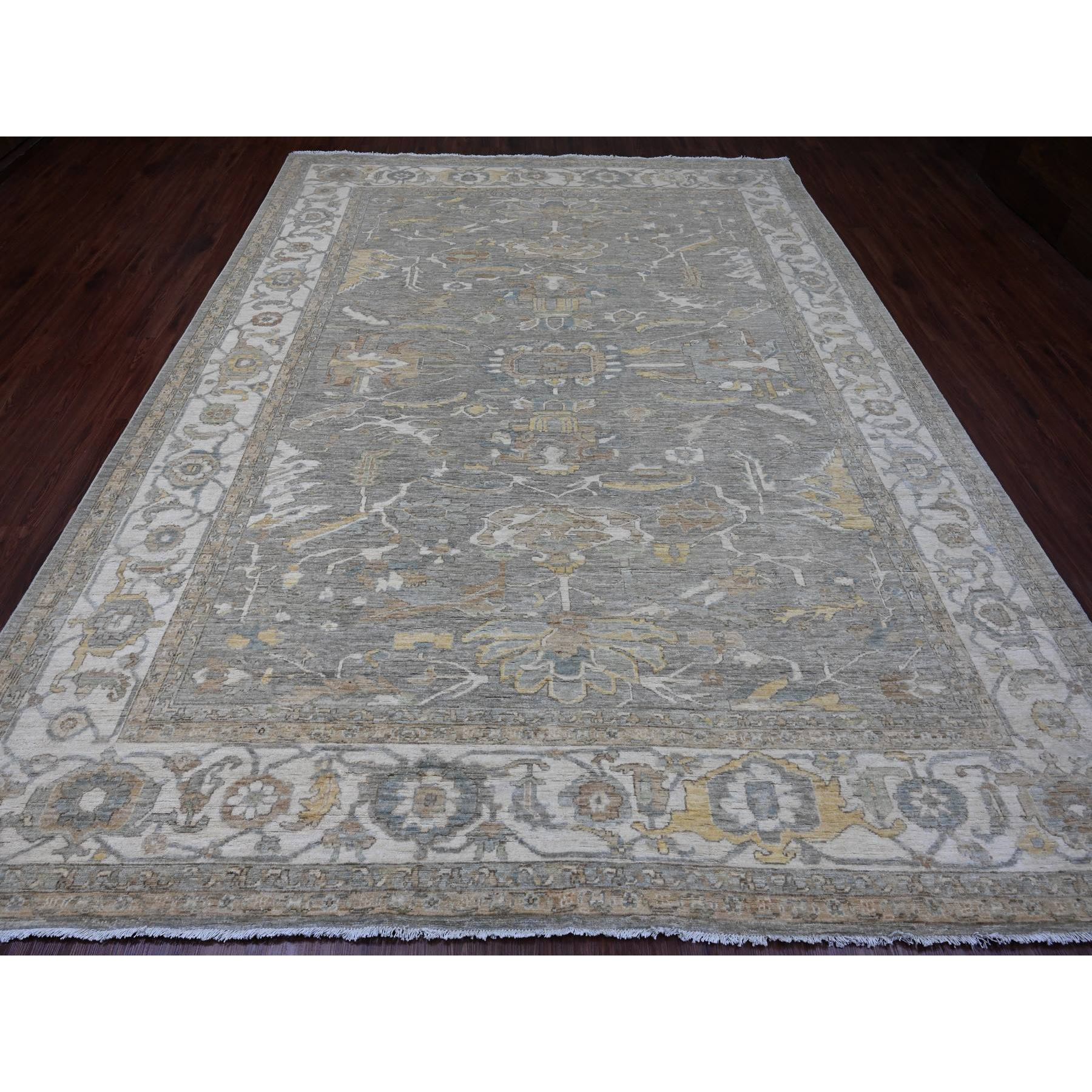 8'10"x11'8" Nevada Gray with Touches of Gold, Peshawar with All Over Heriz Design, Natural Dyes, Hand Knotted, Pure Wool, Oriental Rug Sh20083