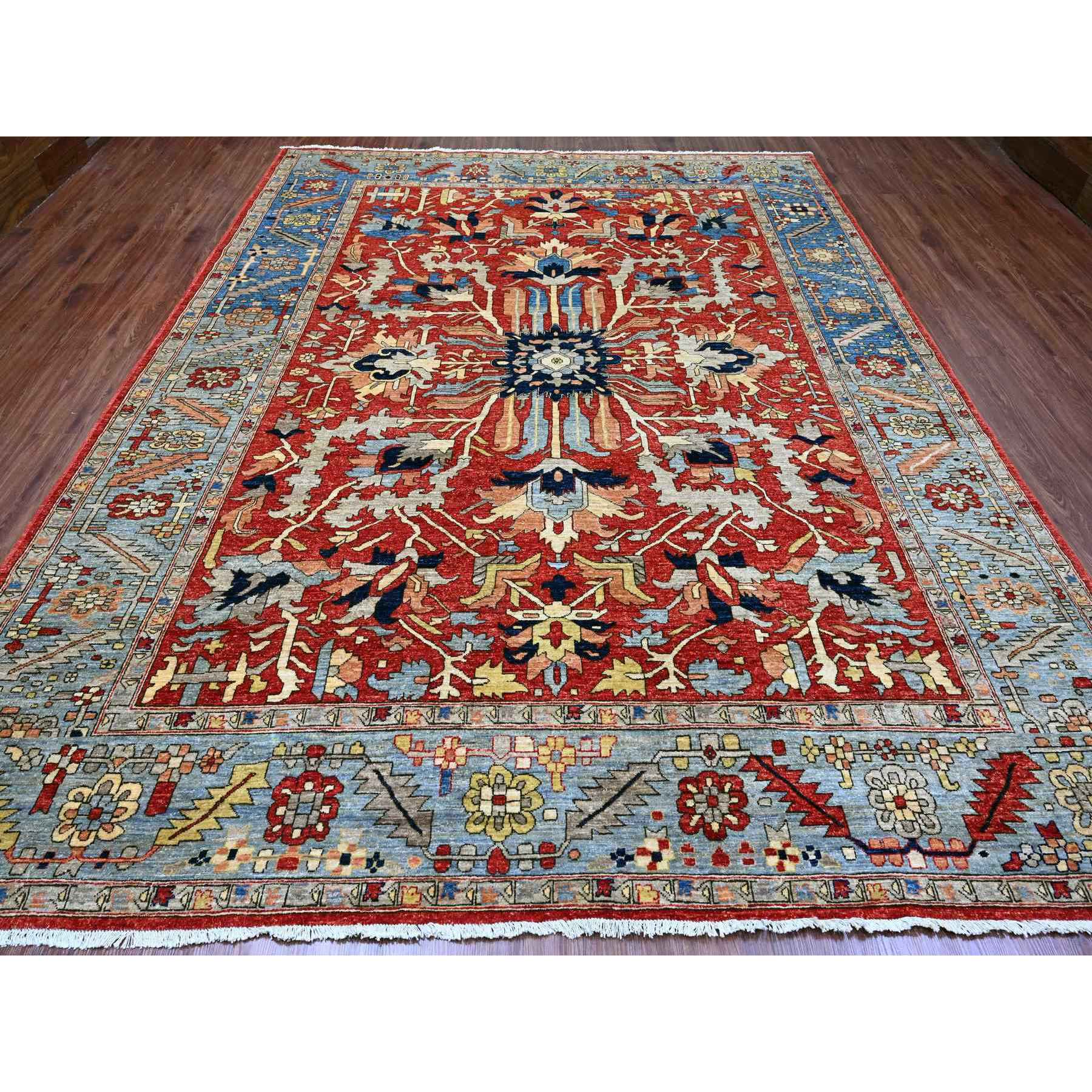 9'6"x12' Crimson Red, Hand Knotted, Aryana Collection with Heriz Design, Distinct Abrash, Vegetable Dyes, 100% Wool, Oriental Rug Sh20085