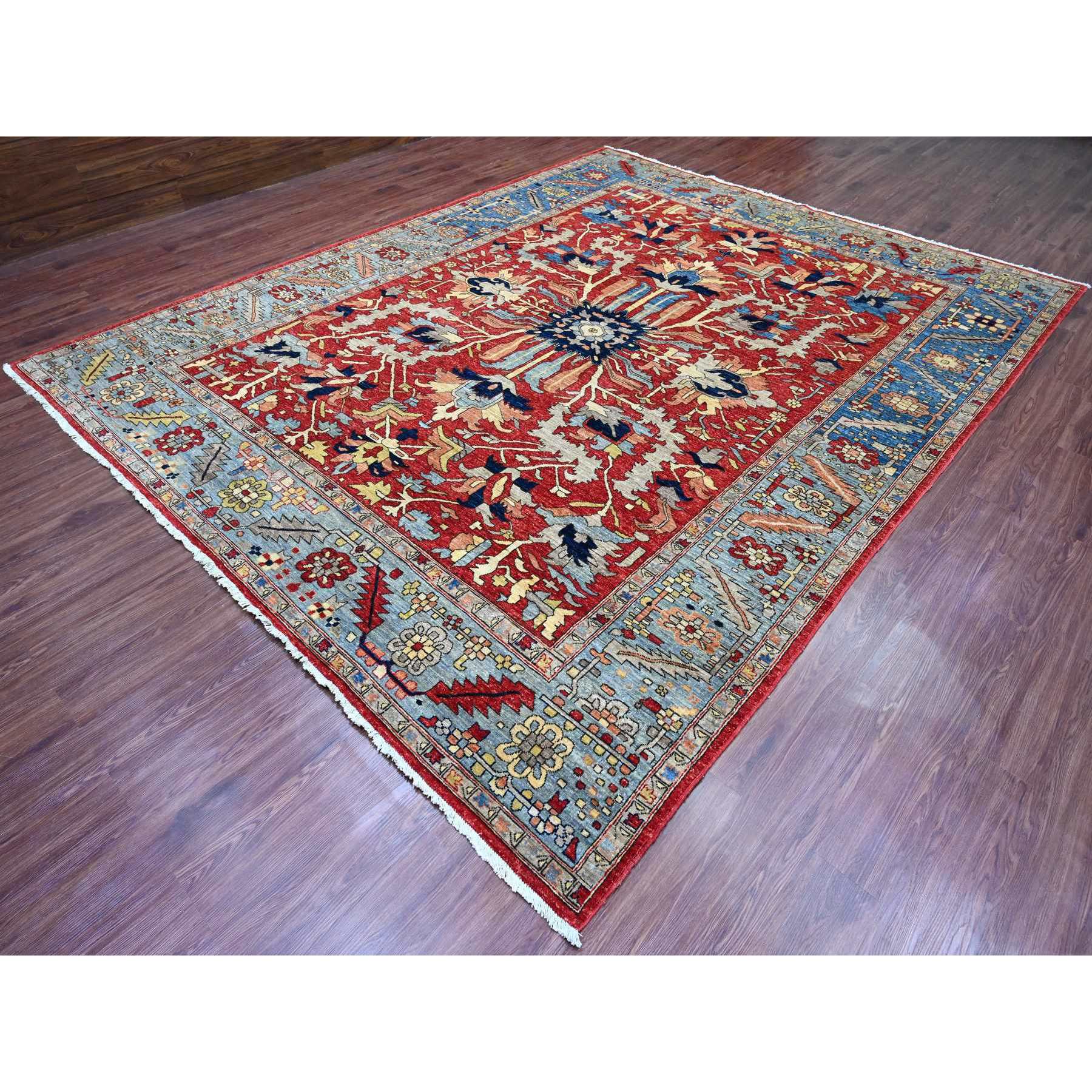 9'6"x12' Crimson Red, Hand Knotted, Aryana Collection with Heriz Design, Distinct Abrash, Vegetable Dyes, 100% Wool, Oriental Rug Sh20085