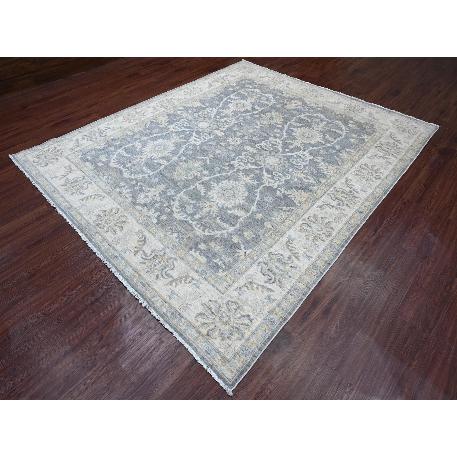 8'2"x9'8" Pewter Gray, Peshawar with Ziegler Mahal Design, Hand Knotted, Natural Dyes, Pure Wool, Densely Woven, Oriental Rug Sh20086
