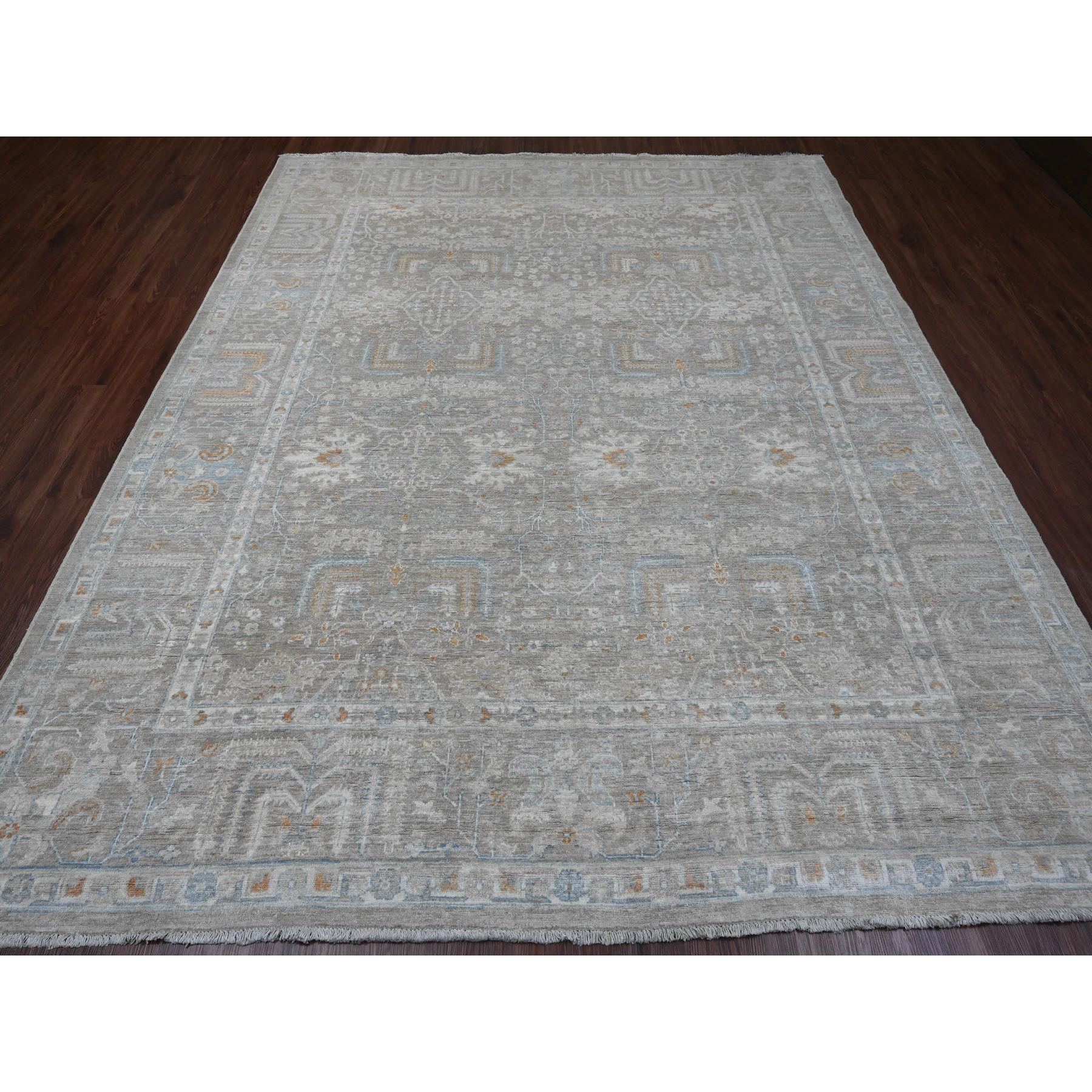 8'1"x9'10" Stone Gray, Peshawar with Willow Tree Design, Veggie Dyes, Hand Knotted, Pure Wool, Densely Woven, Oriental Rug Sh20087
