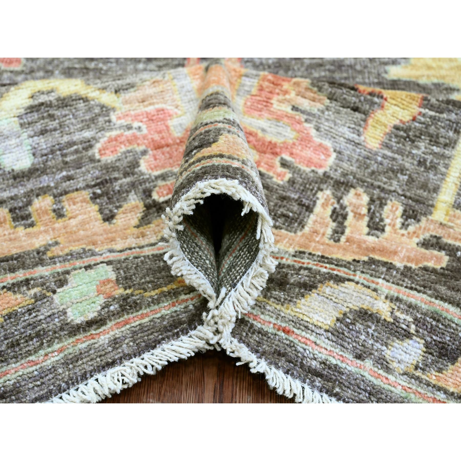 10'x13'5" Mocha Brown, Afghan Angora Oushak with Soft Colors Leaf Design, Hand Knotted, Vegetable Dyes, 100% Wool, Oriental Rug Sh20093