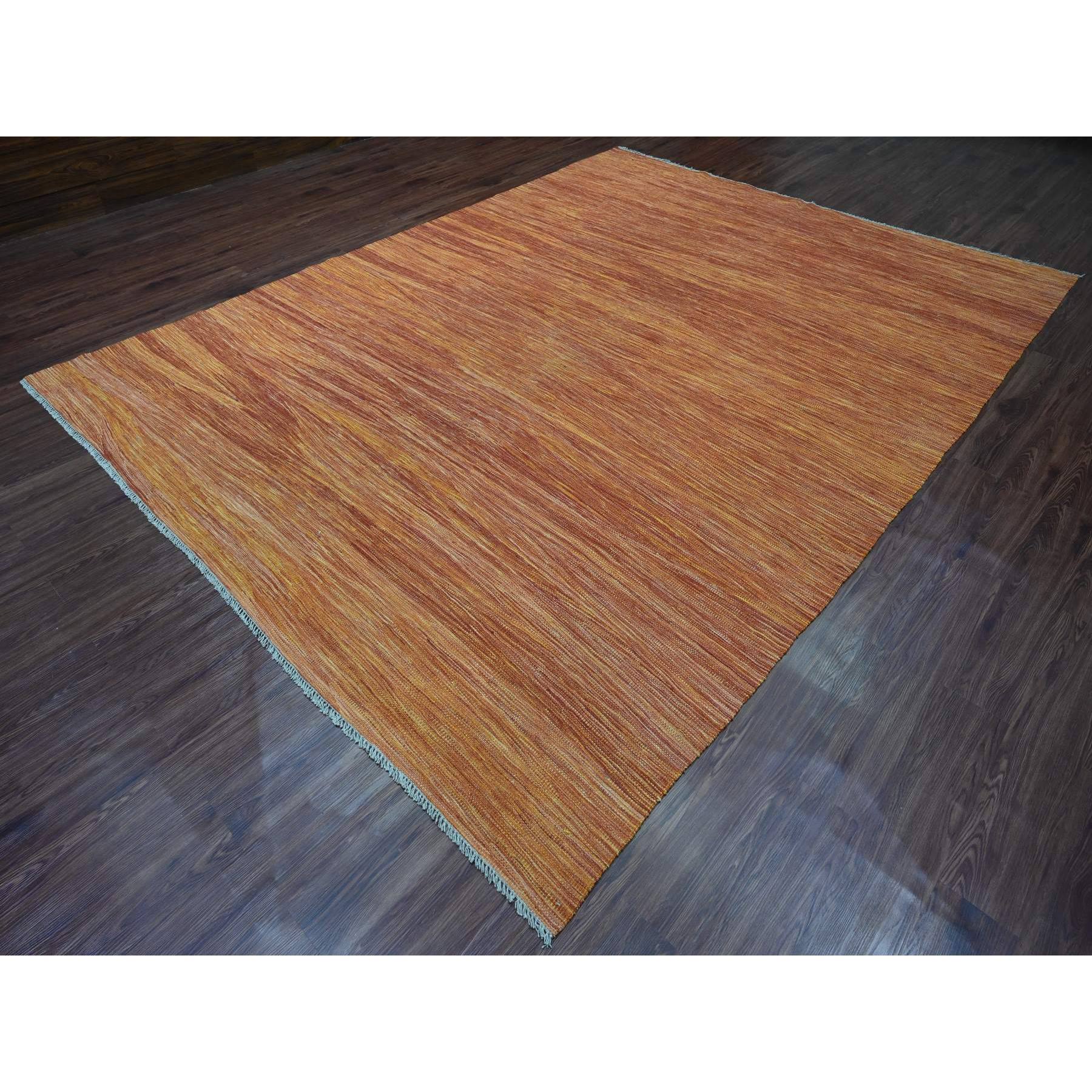 9'x12' Amber Orange, Solid Design, Hand Woven, Afghan Hand Spun Wool, Vegetable Dyes, Flat Weave Kilim, Oriental Rug Sh20094