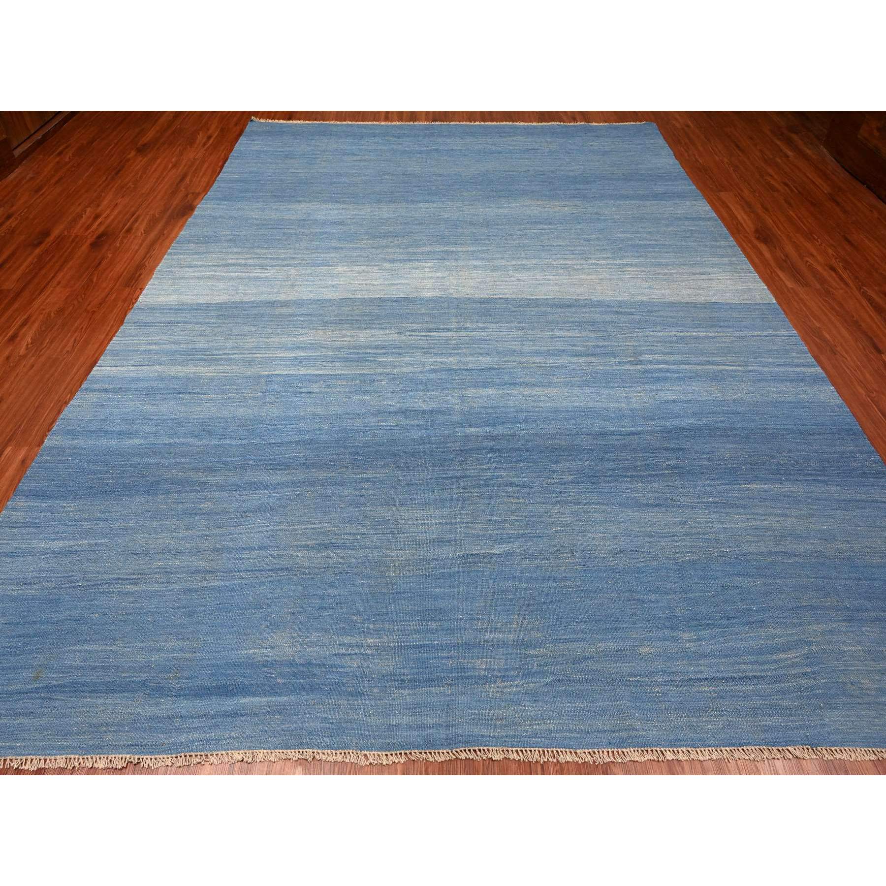 9'2"x12'1" Cerulean Blue, Flat Weave, Solid Design, Kilim, Hand Woven, Mixed Wool, Vegetable Dyes, Oriental Rug Sh20096