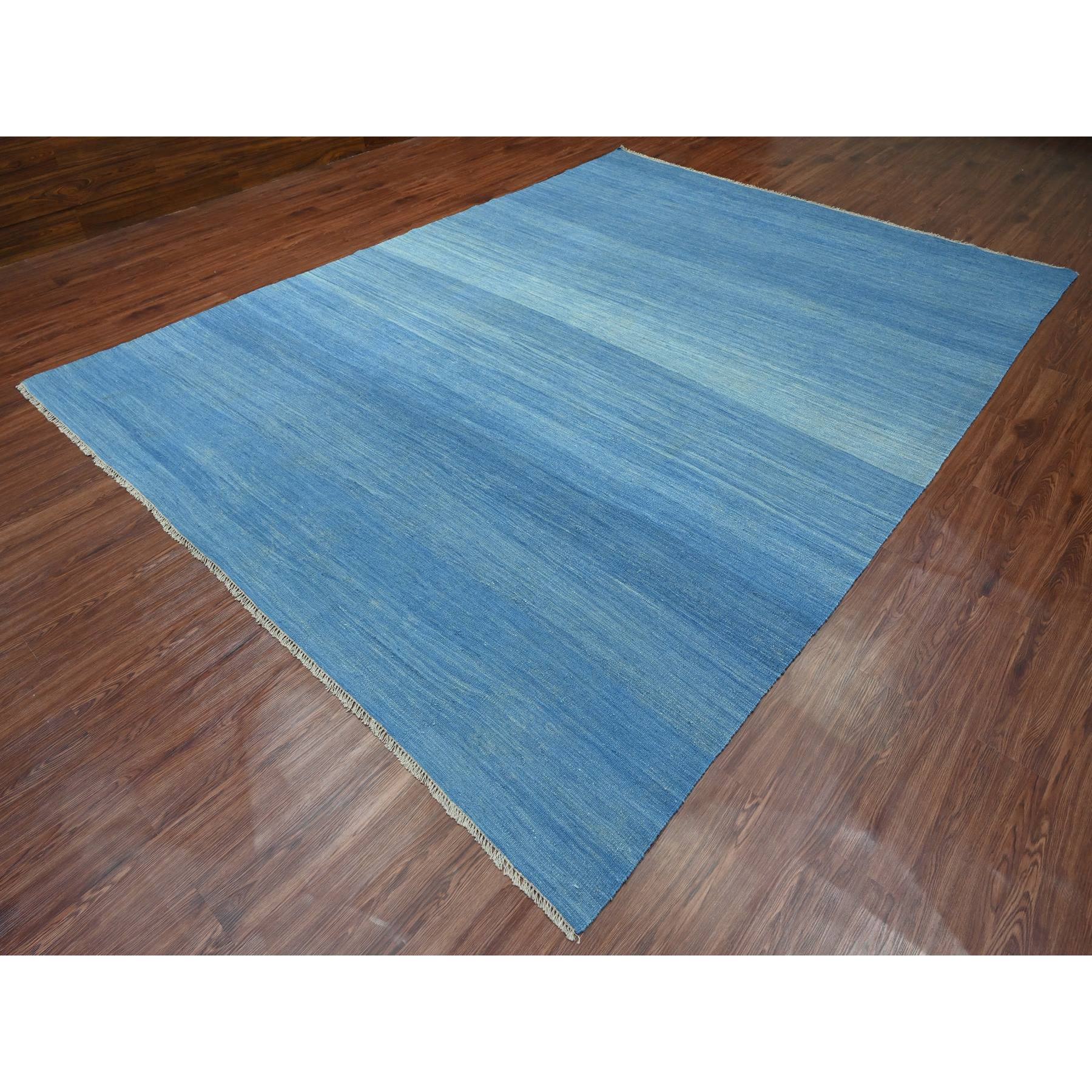 9'2"x12'1" Cerulean Blue, Flat Weave, Solid Design, Kilim, Hand Woven, Mixed Wool, Vegetable Dyes, Oriental Rug Sh20096