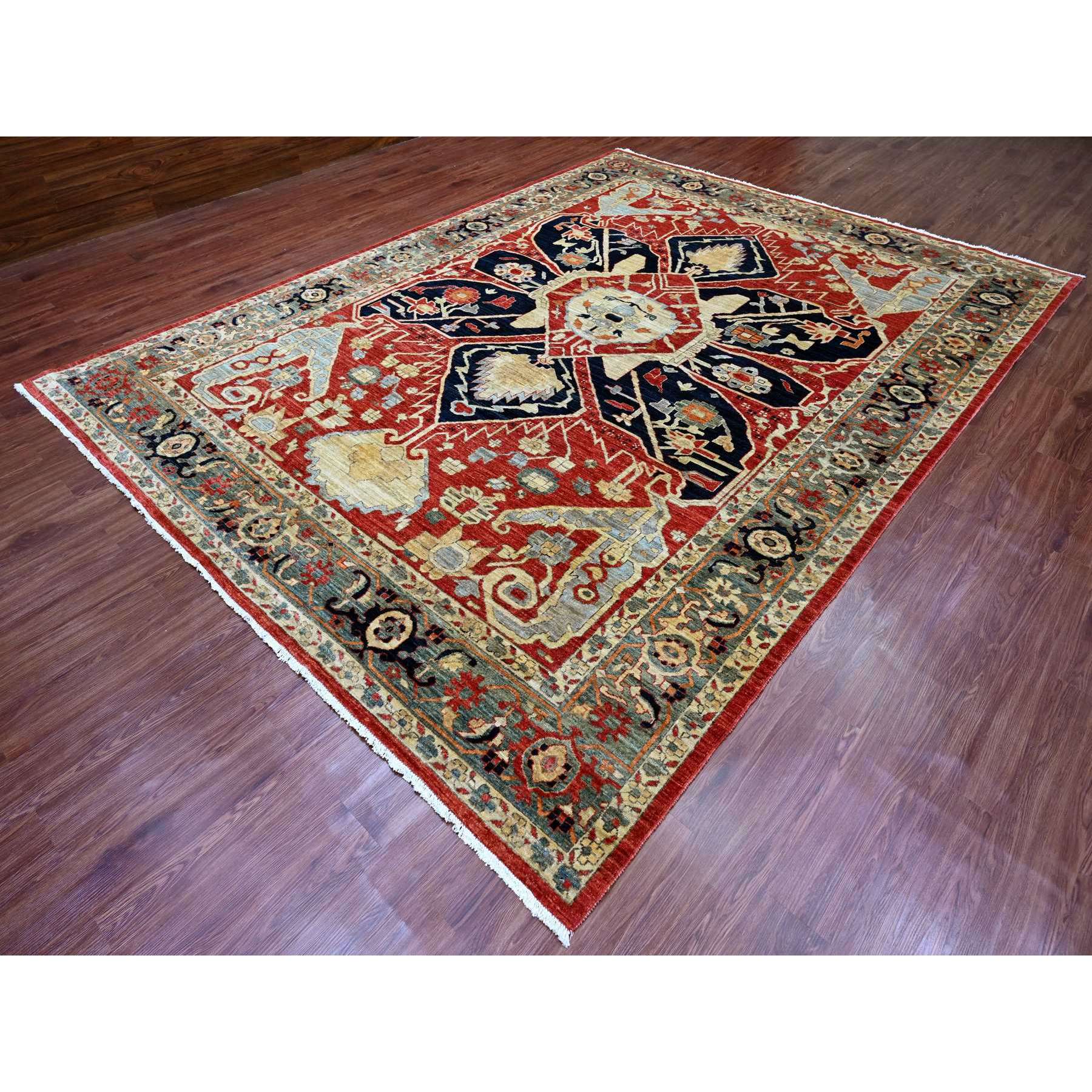 9'x12' Prismatic Red, Serapi Heriz with Large Flower Design, Peshawar, Hand Knotted, Veggie Dyes, 100% Wool, Densely Woven, Oriental Rug Sh20104