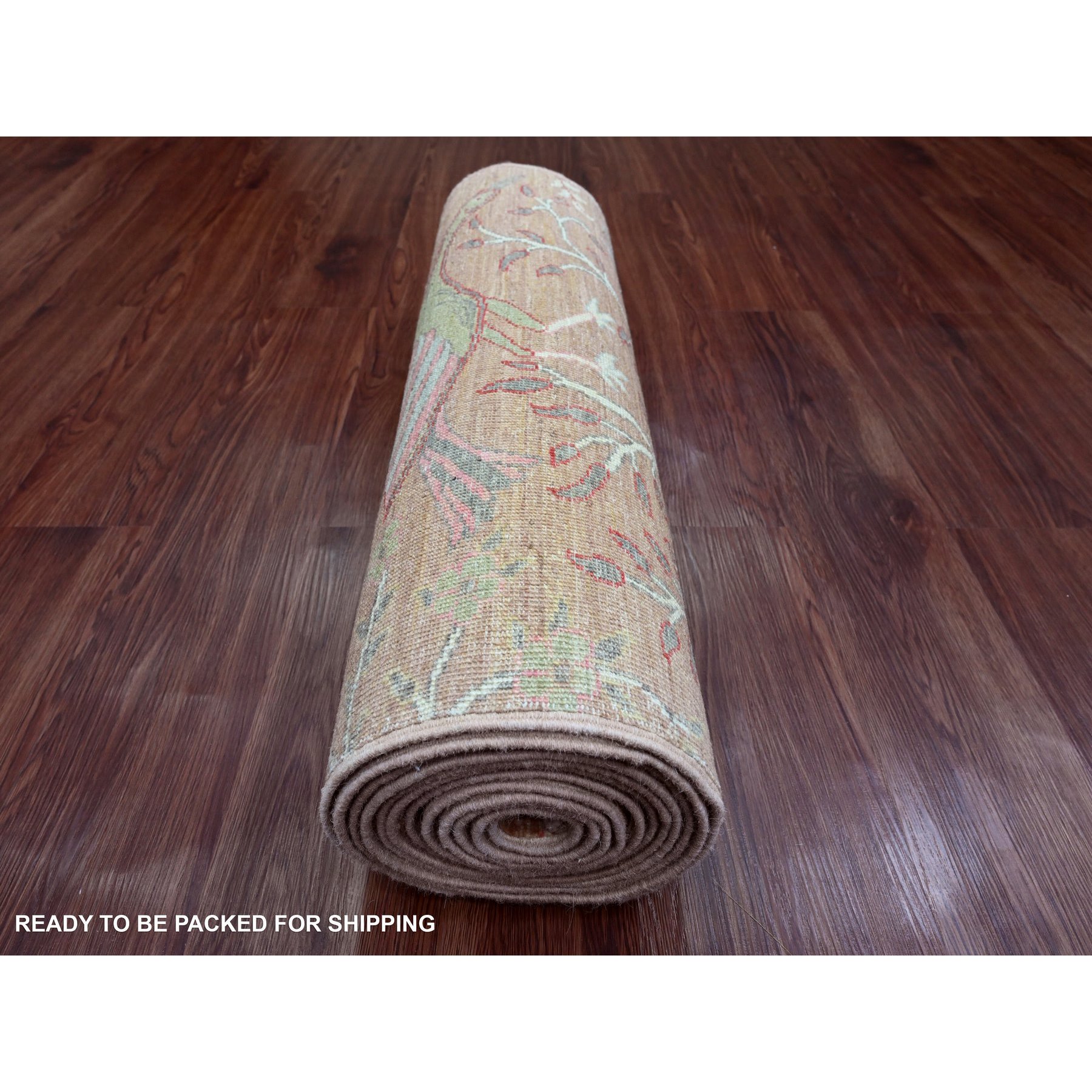 2'7"x15' Tawny Brown, Afghan Peshawar with Birds of Paradise Design, Hand Knotted, Soft Wool, Natural Dyes, XL Runner, Oriental Rug Sh20106