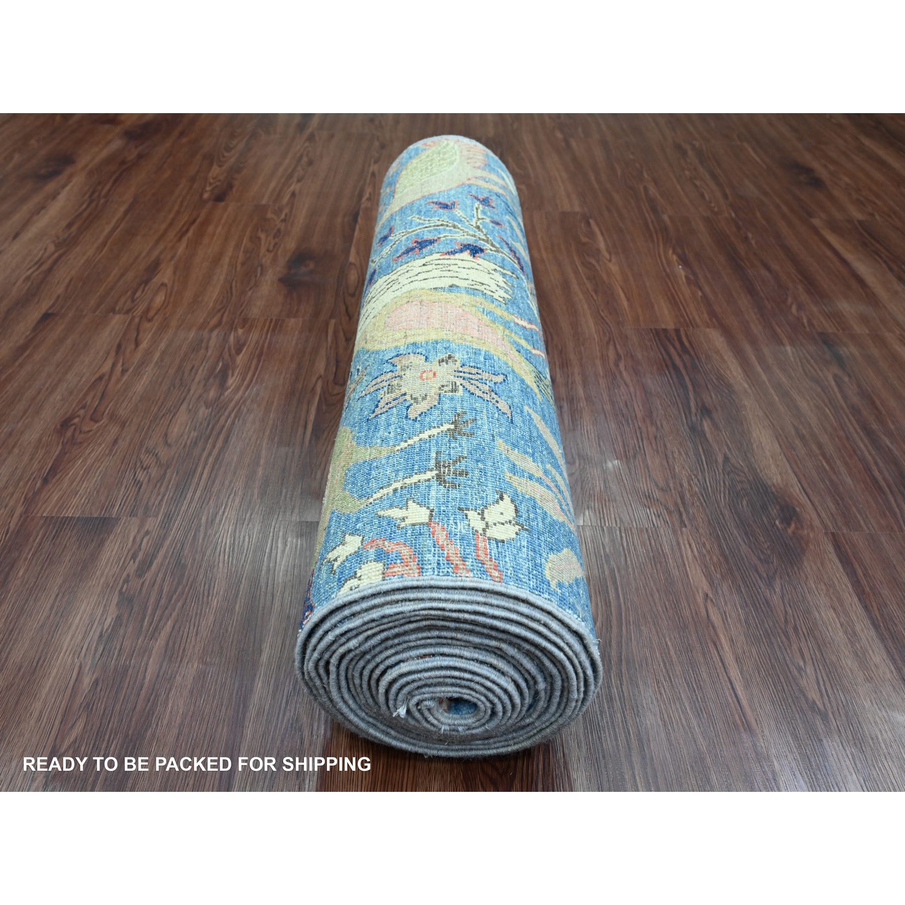 3'x21'3" Bayern Blue, Afghan Peshawar with Birds of Paradise Design, Natural Dyes, Hand Knotted, 100% Wool, XL Runner, Oriental Rug Sh20107