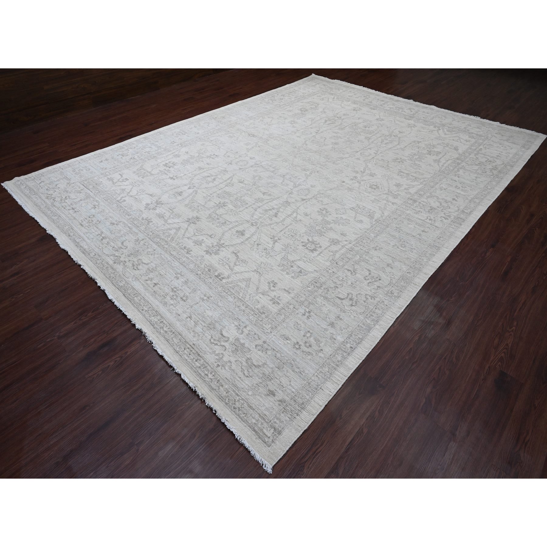 10'x13'8" Chiffon White, Hand Knotted, Washed Out Peshawar with All Over Vines Design, Veggie Dyes, 100% Wool, Oriental Rug Sh20113