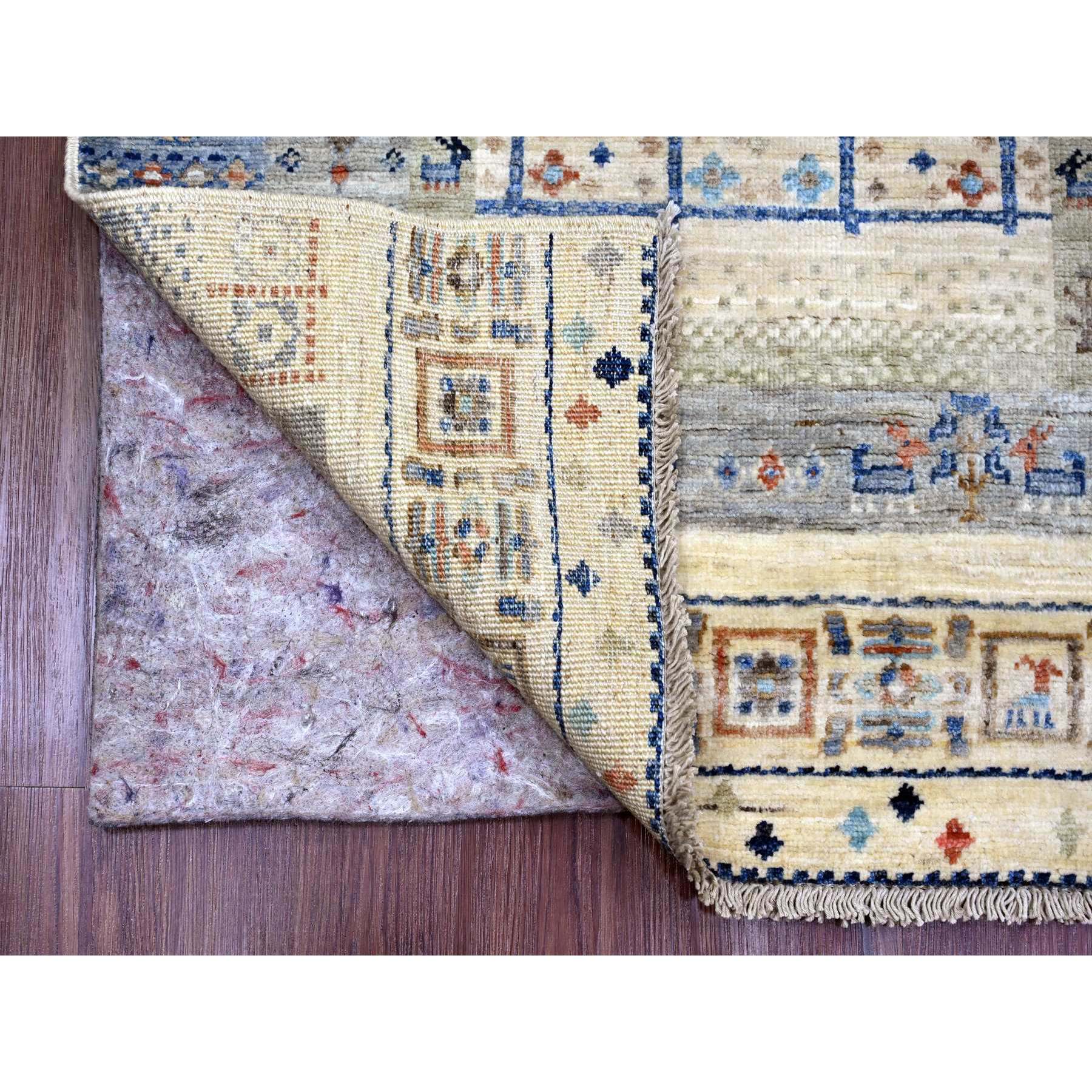 2'10"x9'6" Shades of Brown with Blue, Soft Wool, Fine Kashkuli Gabbeh with Small Animal Figurines, Hand Knotted, Vegetable Dyes, Runner, Oriental Rug Sh20115