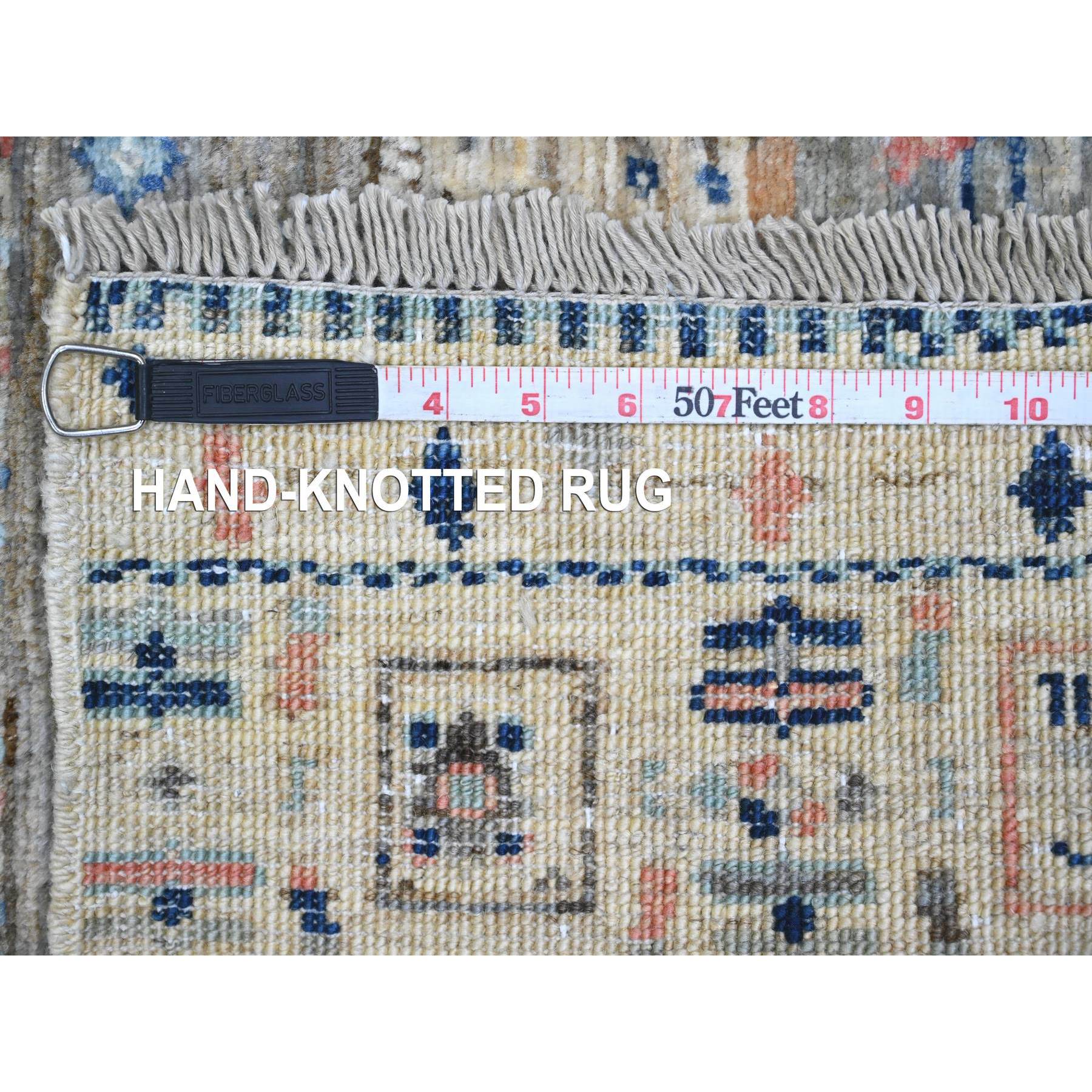 2'10"x9'6" Shades of Brown with Blue, Soft Wool, Fine Kashkuli Gabbeh with Small Animal Figurines, Hand Knotted, Vegetable Dyes, Runner, Oriental Rug Sh20115