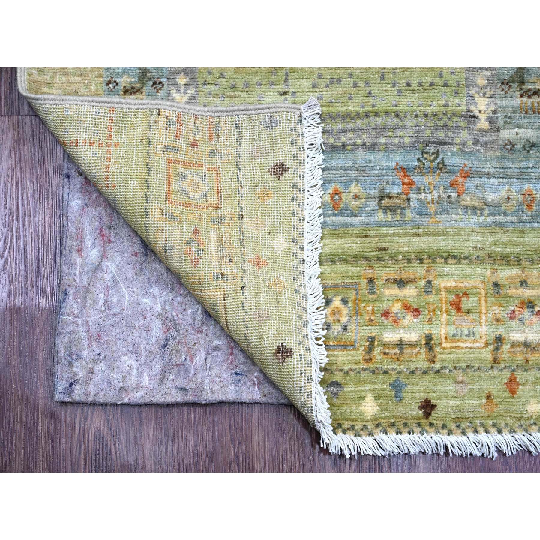 2'5"x9'9" Olive Green, Hand Knotted, Fine Kashkuli Gabbeh with Small Animal Figurines, Soft Wool, Veggie Dyes, Runner, Oriental Rug Sh20116
