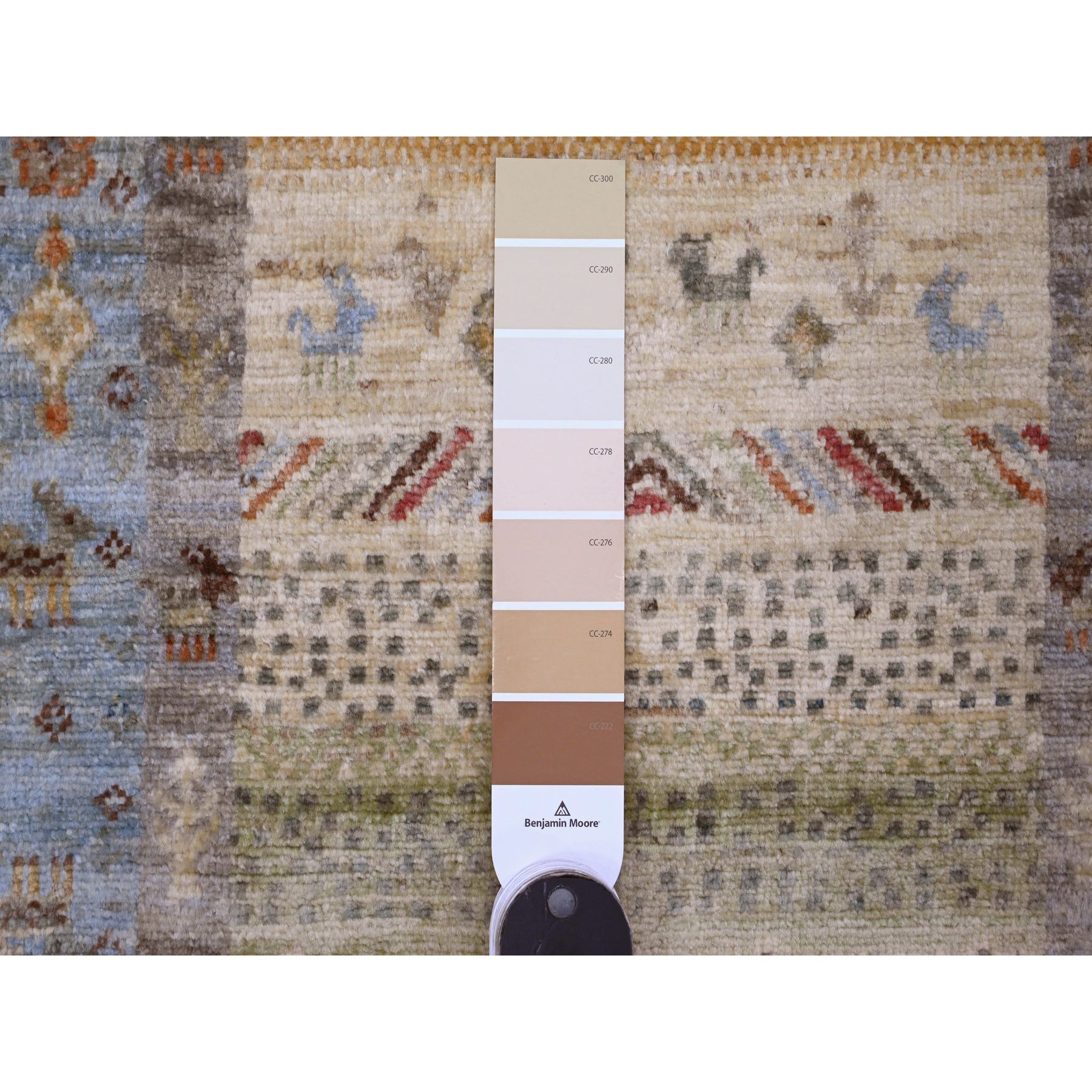 2'5"x9'9" Olive Green, Hand Knotted, Fine Kashkuli Gabbeh with Small Animal Figurines, Soft Wool, Veggie Dyes, Runner, Oriental Rug Sh20116