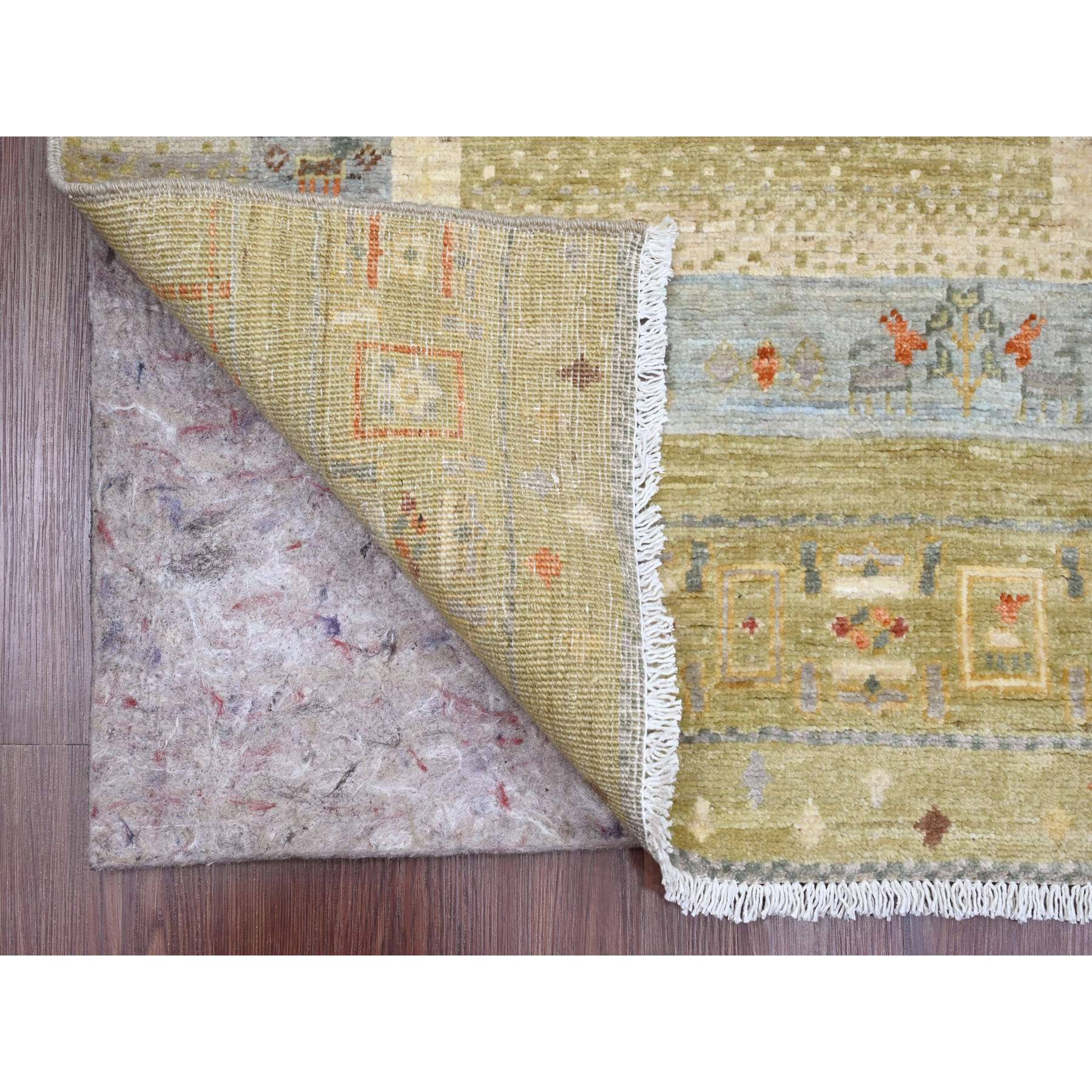 2'9"x5'10" Swamp Green, Fine Kashkuli Gabbeh with Small Animal Figurines, Hand Knotted, Soft Wool, Natural Dyes, Runner, Oriental Rug Sh20119