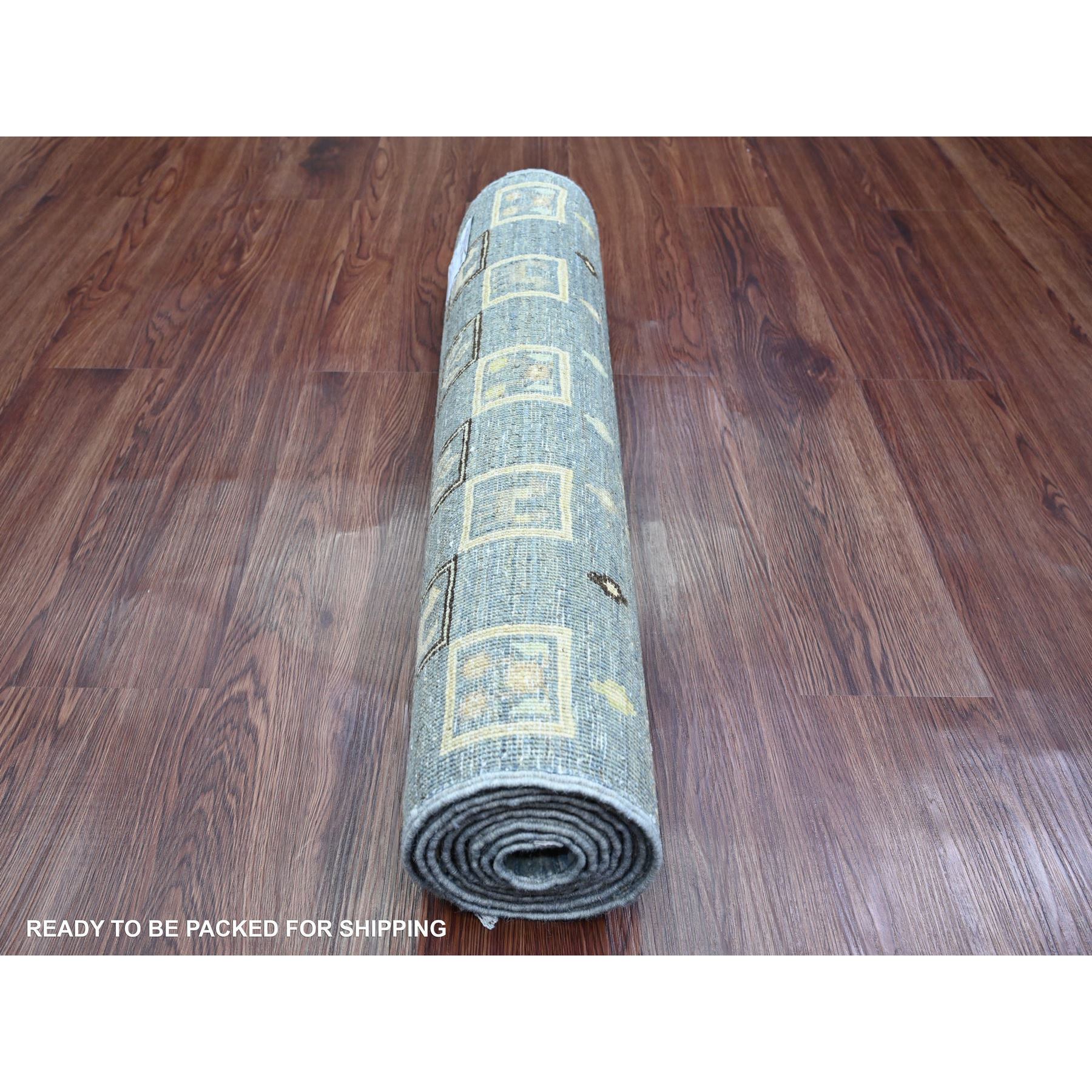 2'8"x7'7" Pewter Gray with Ivory, Hand Knotted, Fine Kashkuli Gabbeh with Small Animal Figurines, Soft Wool, Veggie Dyes, Runner, Oriental Rug Sh20120