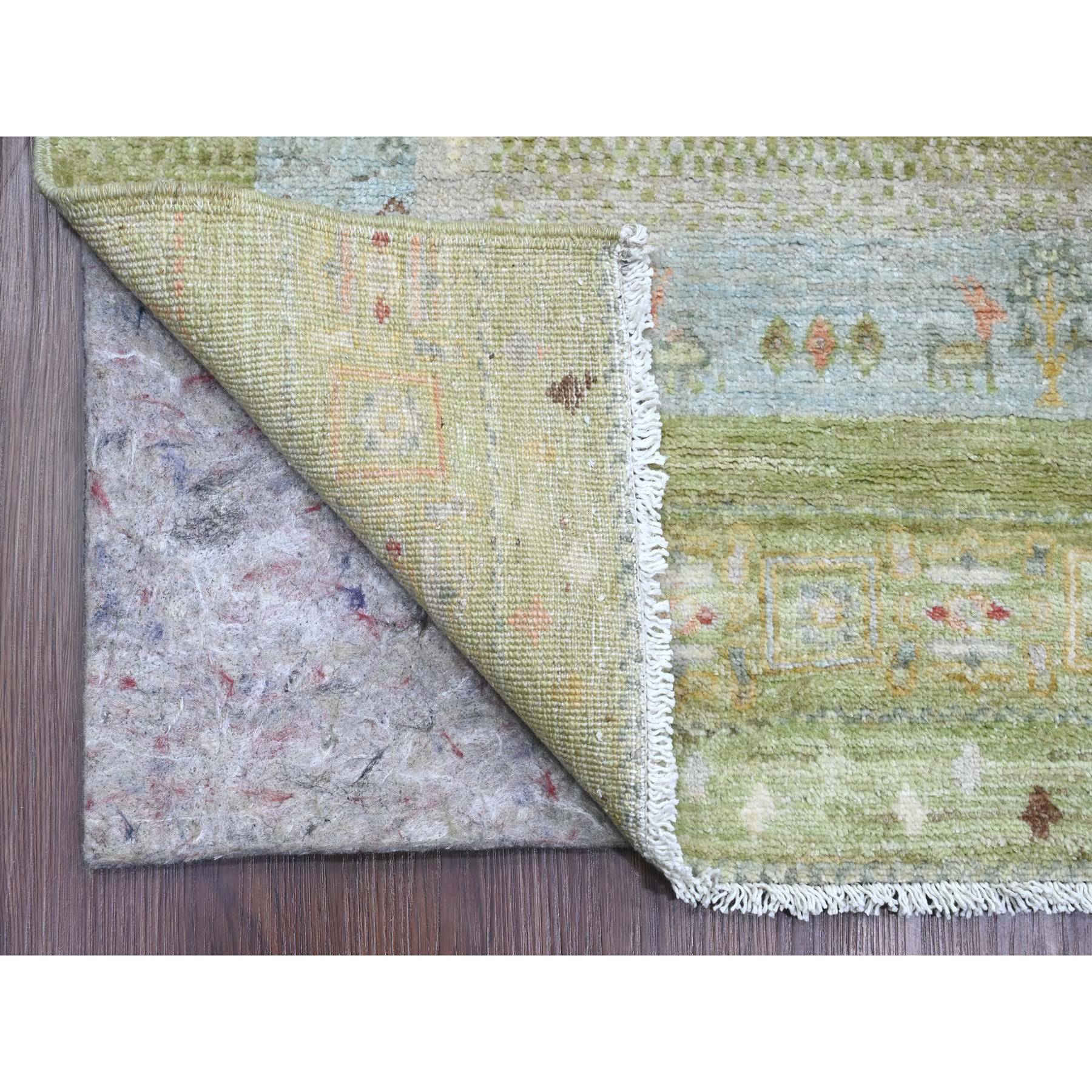 2'8"x14'8" Olive Green, Fine Kashkuli Gabbeh with Small Animal Figurines, Natural Dyes, 100% Wool, Hand Knotted, XL Runner, Oriental Rug Sh20122
