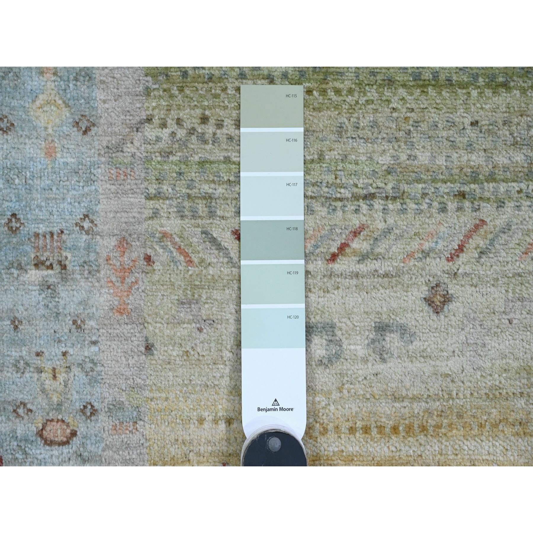2'8"x14'8" Olive Green, Fine Kashkuli Gabbeh with Small Animal Figurines, Natural Dyes, 100% Wool, Hand Knotted, XL Runner, Oriental Rug Sh20122