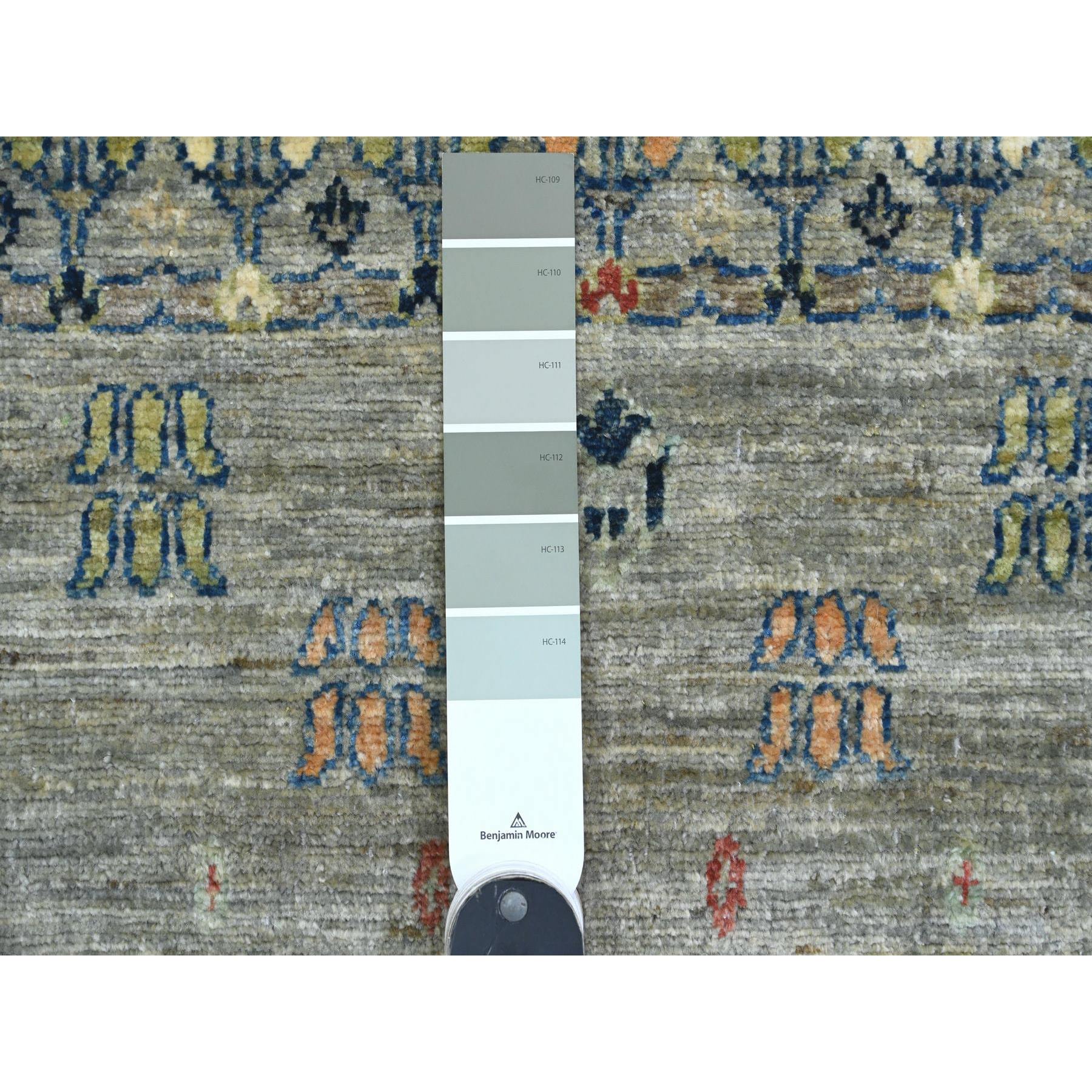 2'8"x7'7" Stone Gray, Soft Wool, Fine Kashkuli Gabbeh with Small Animal Figurines, Hand Knotted, Natural Dyes, Runner, Oriental Rug Sh20124
