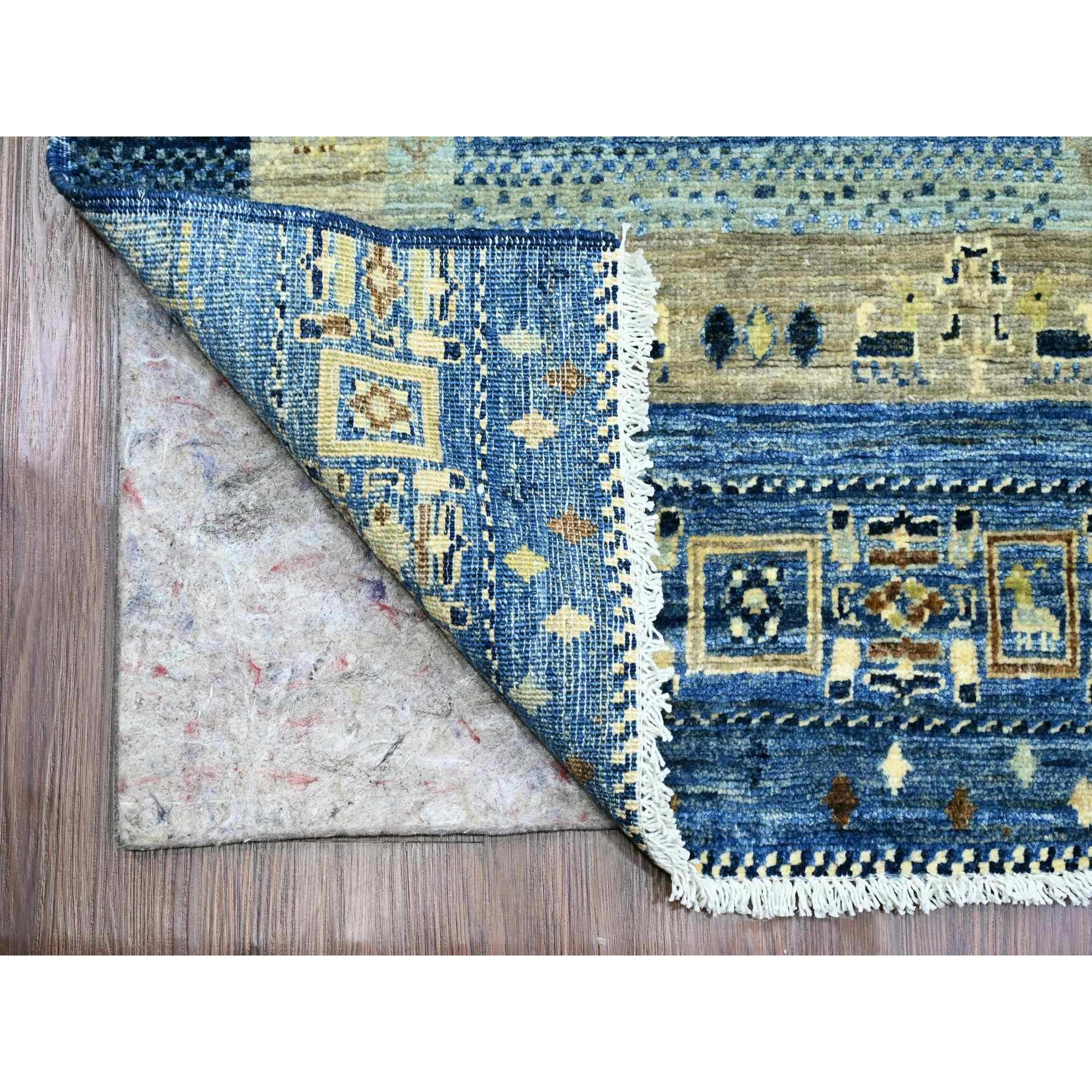 2'6"x9'8" Shades of Blue, Hand Knotted, Fine Kashkuli Gabbeh with Small Animal Figurines, Soft Wool, Veggie Dyes, Runner, Oriental Rug Sh20125