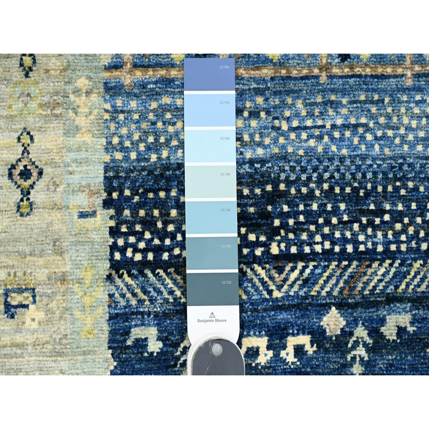 2'6"x9'8" Shades of Blue, Hand Knotted, Fine Kashkuli Gabbeh with Small Animal Figurines, Soft Wool, Veggie Dyes, Runner, Oriental Rug Sh20125