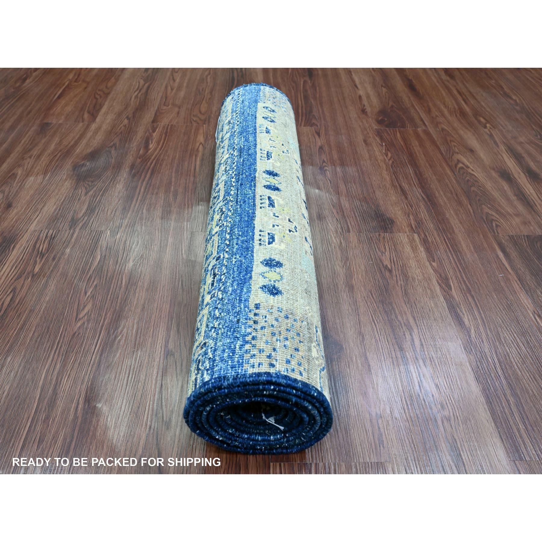 2'6"x9'8" Shades of Blue, Hand Knotted, Fine Kashkuli Gabbeh with Small Animal Figurines, Soft Wool, Veggie Dyes, Runner, Oriental Rug Sh20125