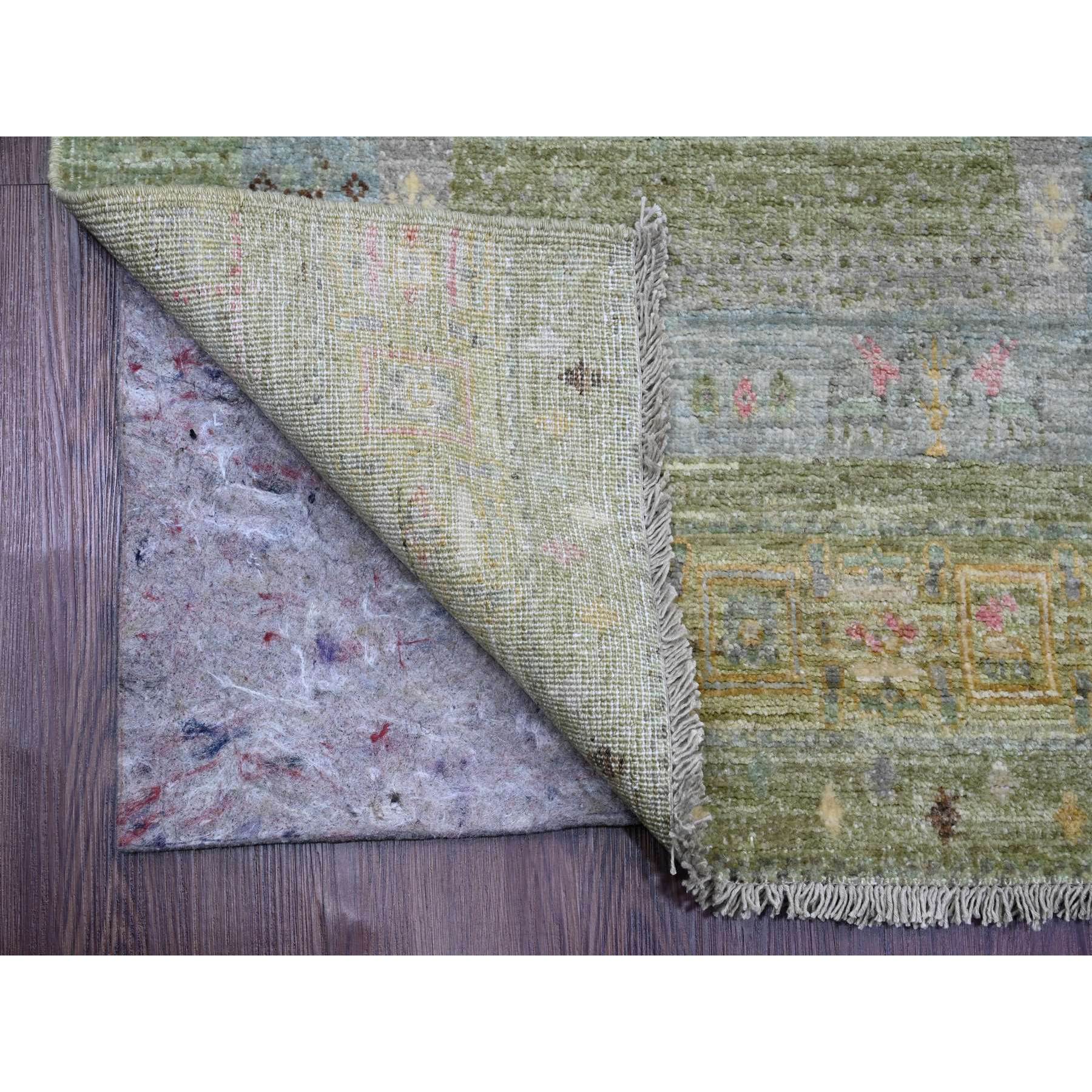 2'9"x9'7" Sage Green, Soft Wool, Fine Kashkuli Gabbeh with Small Animal Figurines, Hand Knotted, Natural Dyes, Runner, Oriental Rug Sh20127