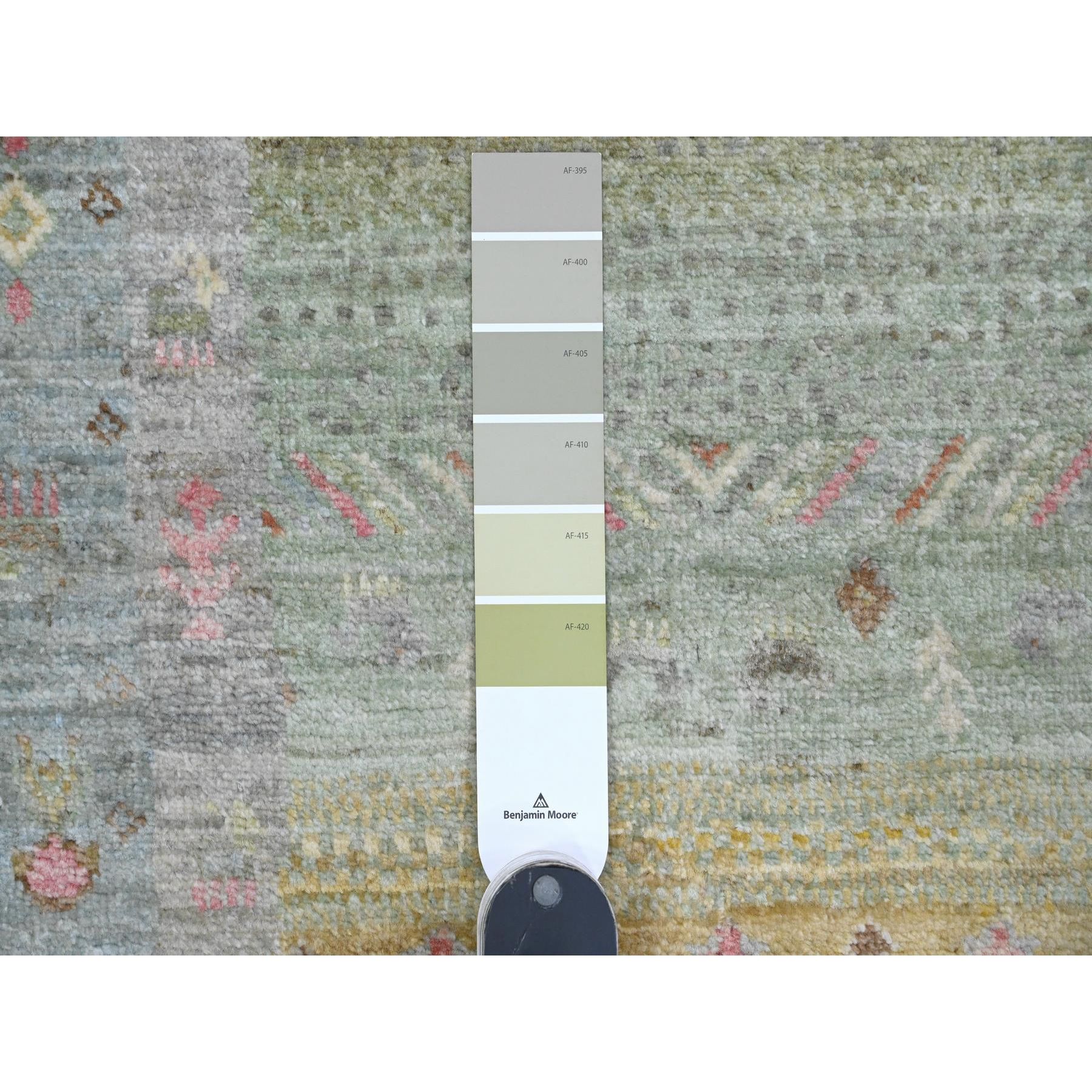 2'9"x9'7" Sage Green, Soft Wool, Fine Kashkuli Gabbeh with Small Animal Figurines, Hand Knotted, Natural Dyes, Runner, Oriental Rug Sh20127