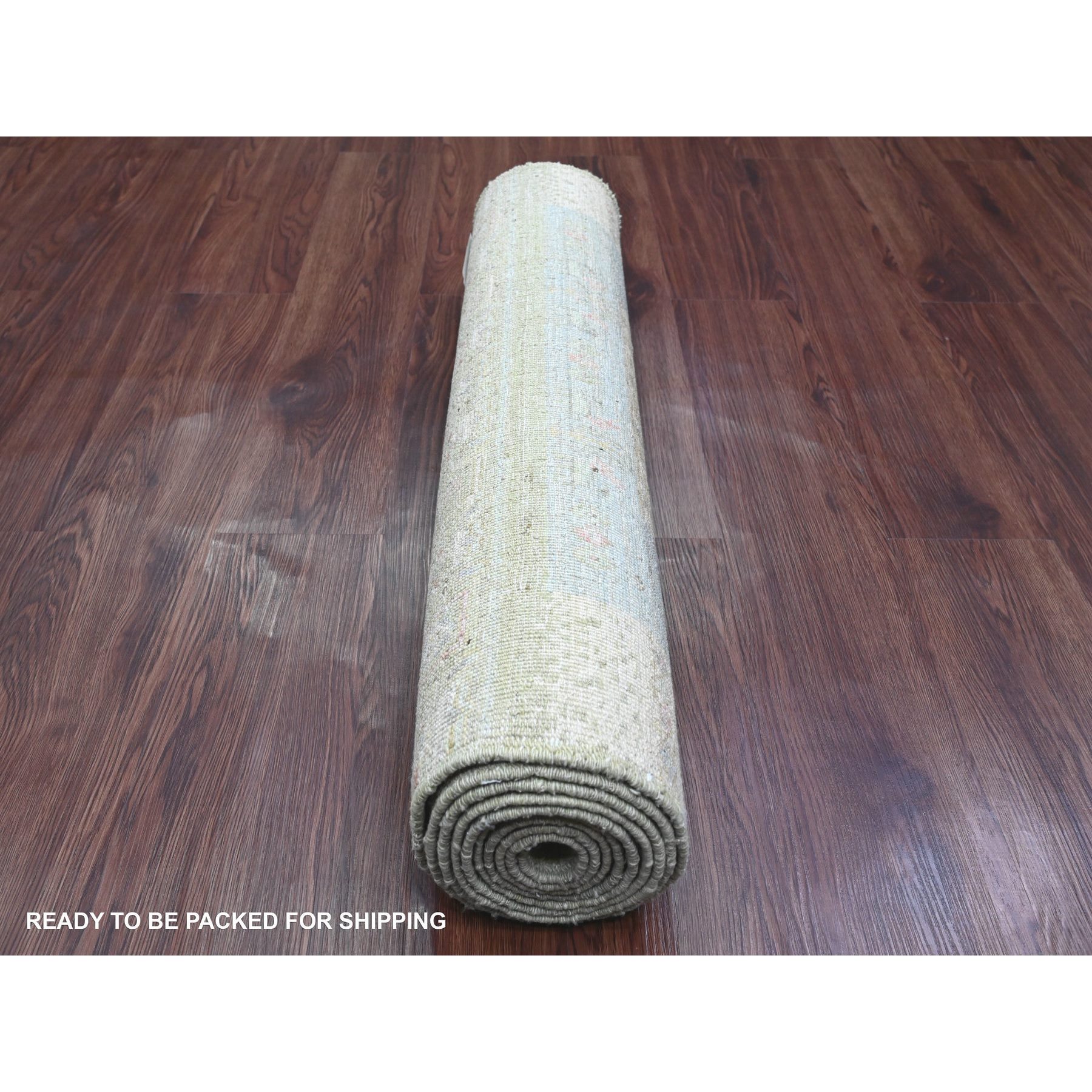 2'9"x9'7" Sage Green, Soft Wool, Fine Kashkuli Gabbeh with Small Animal Figurines, Hand Knotted, Natural Dyes, Runner, Oriental Rug Sh20127