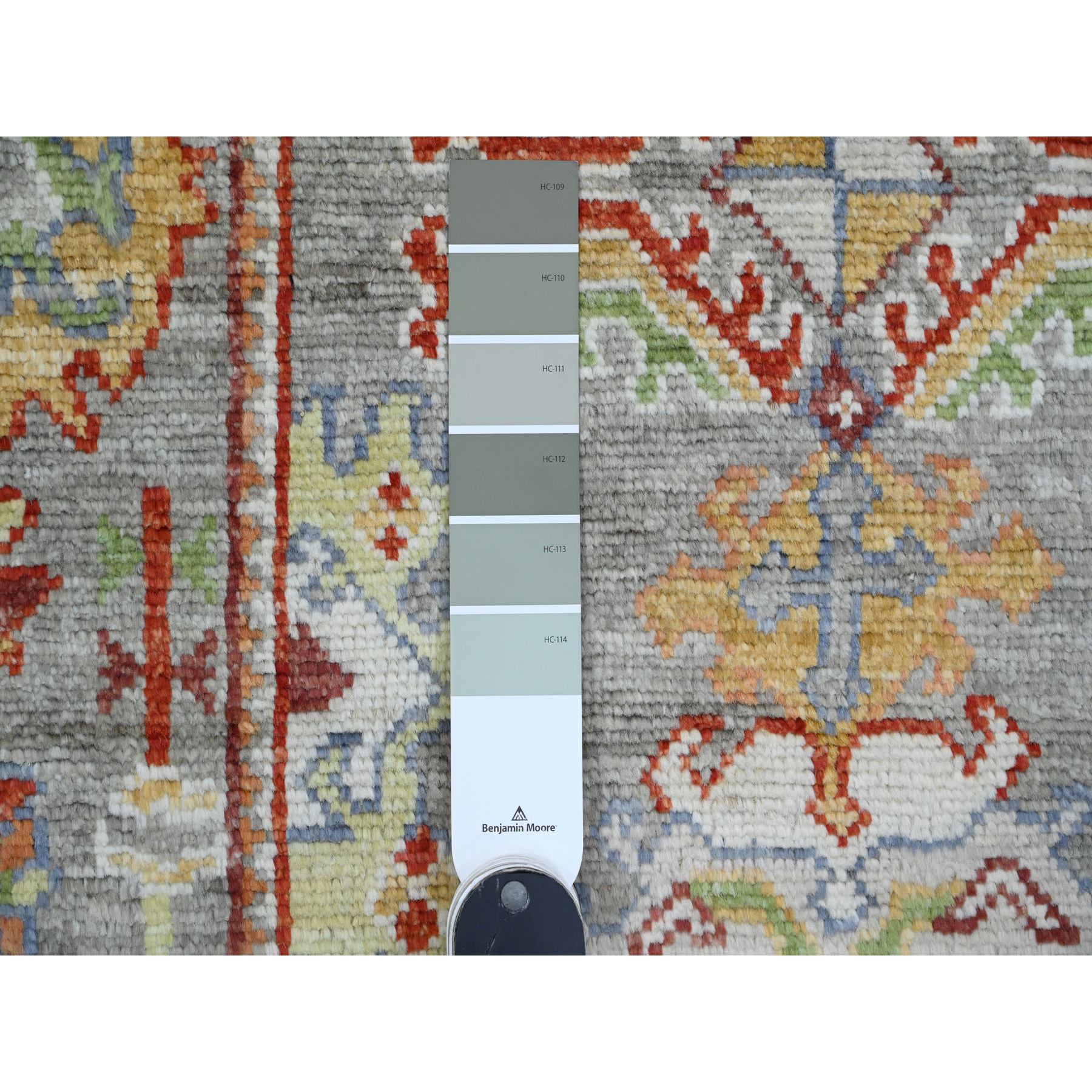 2'9"x9'6" Cloud Gray, Afghan Angora Oushak with Geometric Leaf Design, Veggie Dyes, Hand Knotted, Pure Wool, Runner, Oriental Rug Sh20128