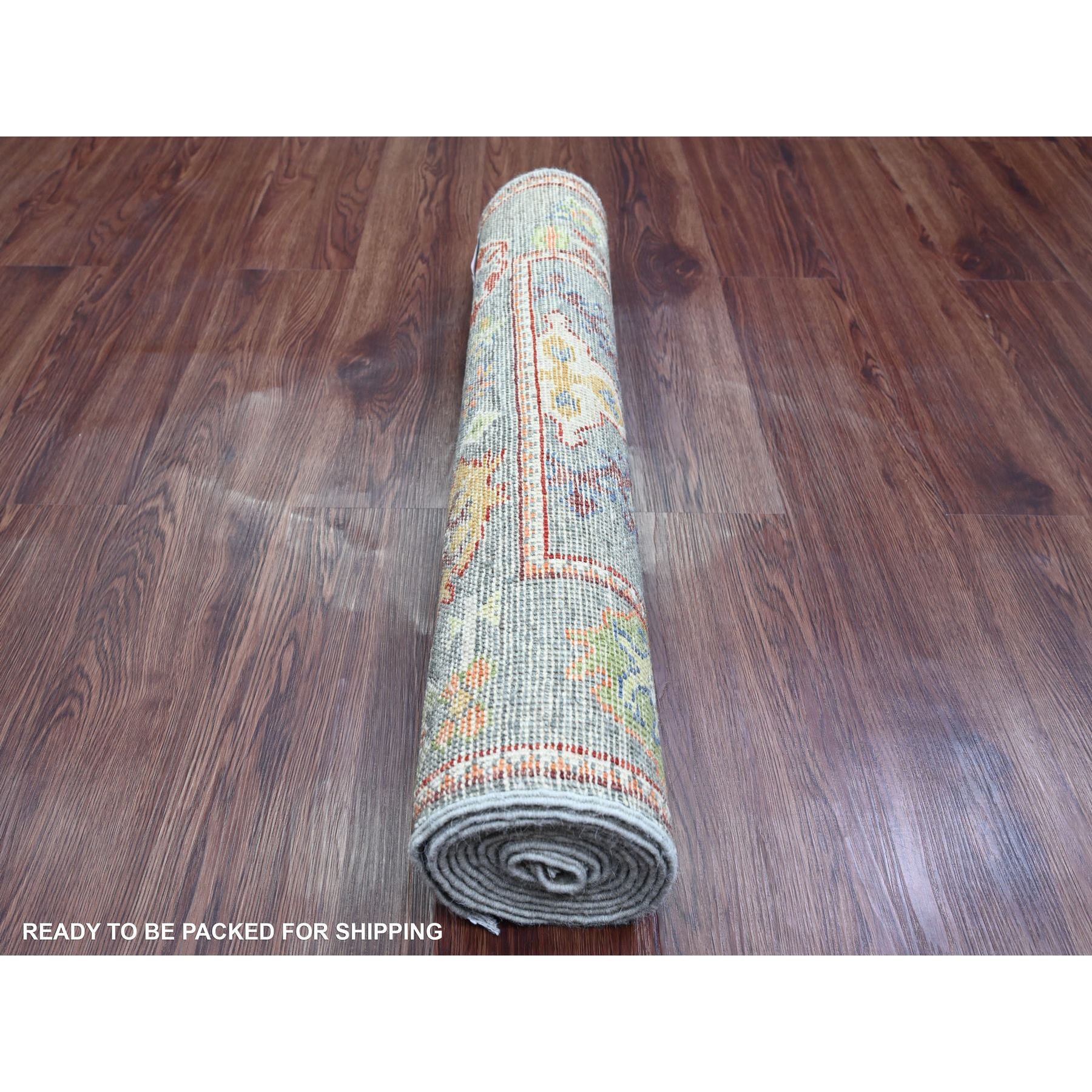 2'9"x9'6" Cloud Gray, Afghan Angora Oushak with Geometric Leaf Design, Veggie Dyes, Hand Knotted, Pure Wool, Runner, Oriental Rug Sh20128
