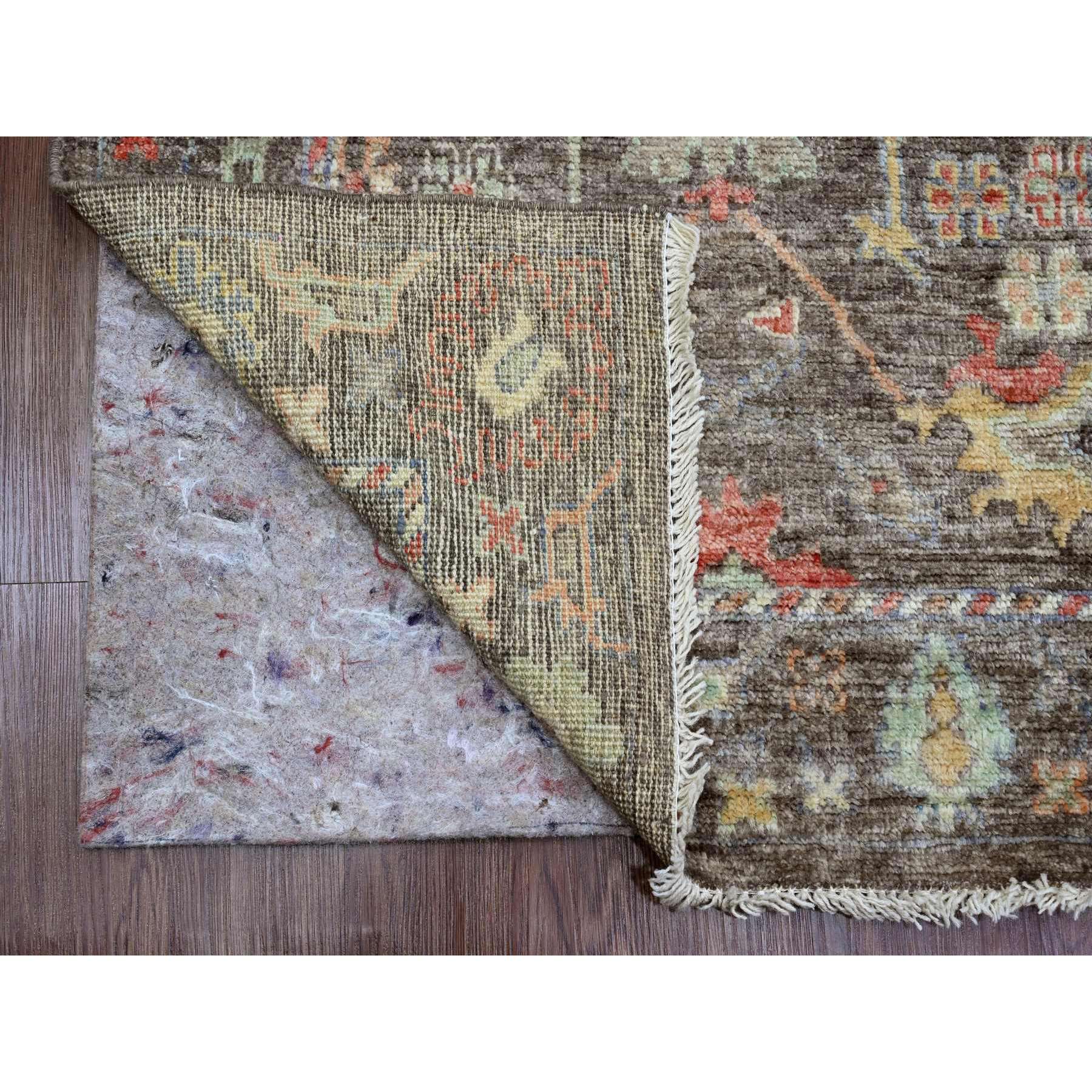 3'x5'10" Chocolate Brown, Afghan Angora Oushak with Colorful Leaf Design, Vegetable Dyes, Hand Knotted, Pure Wool, Short Runner, Oriental Rug Sh20138
