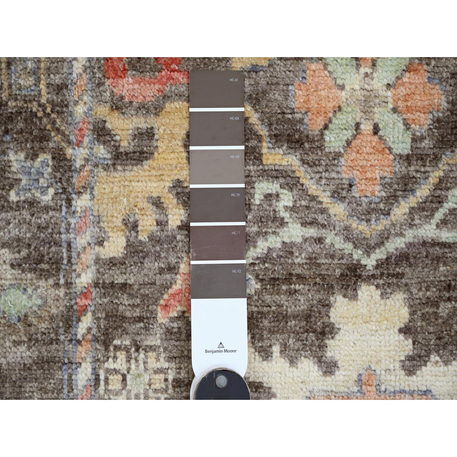 3'x5'10" Chocolate Brown, Afghan Angora Oushak with Colorful Leaf Design, Vegetable Dyes, Hand Knotted, Pure Wool, Short Runner, Oriental Rug Sh20138