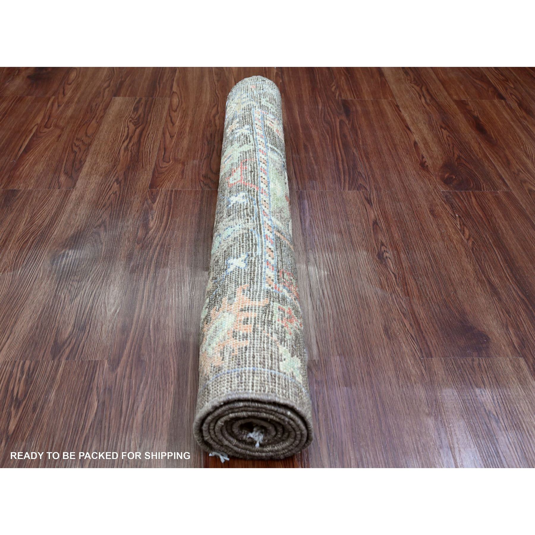 3'x5'10" Chocolate Brown, Afghan Angora Oushak with Colorful Leaf Design, Vegetable Dyes, Hand Knotted, Pure Wool, Short Runner, Oriental Rug Sh20138