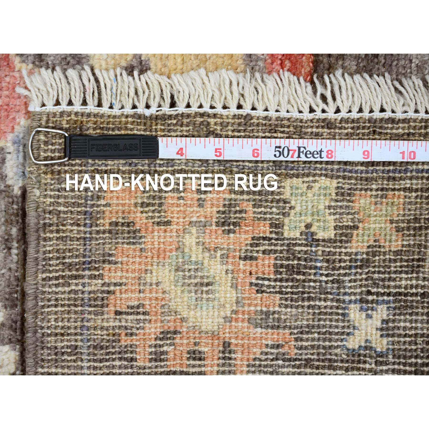 3'x5'10" Chocolate Brown, Afghan Angora Oushak with Colorful Leaf Design, Vegetable Dyes, Hand Knotted, Pure Wool, Short Runner, Oriental Rug Sh20138