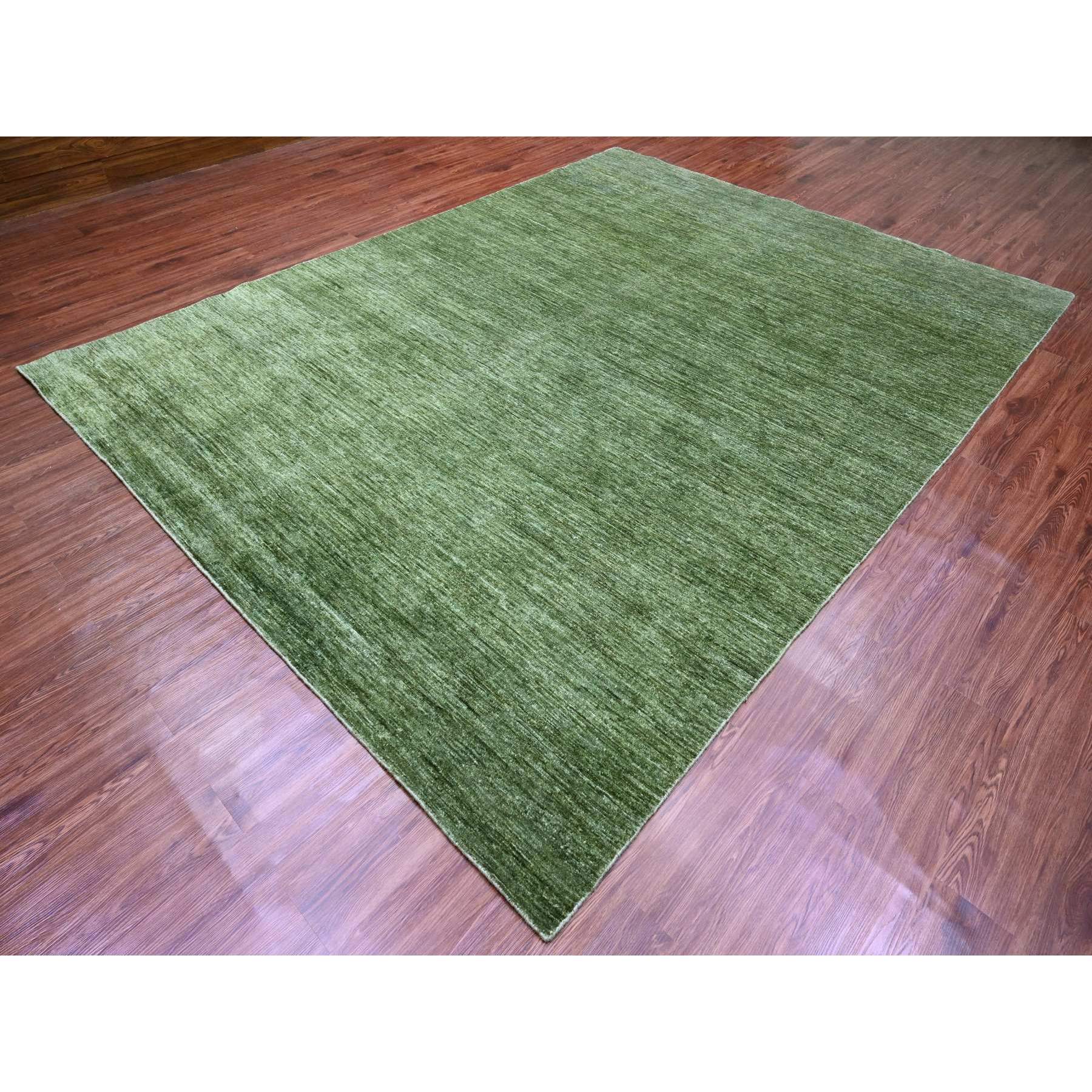 8'8"x11'6" Basil Green, Hand Spun Ghazni Wool, Plain Solid Pattern, Hand Knotted, Lush and Plush, Oriental Rug Sh20140