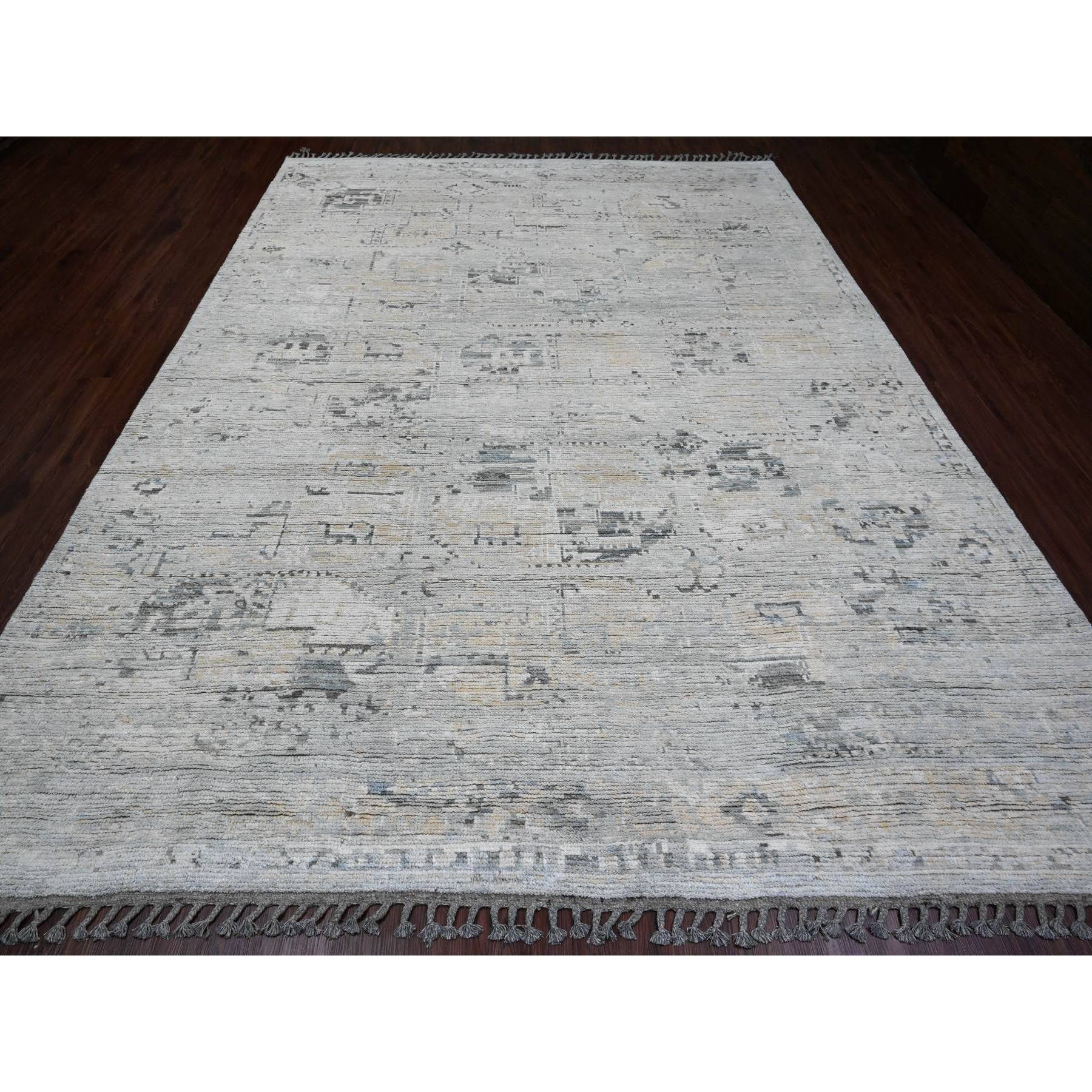 9'x12'1" Misty Gray, Moroccan Weave, Broken and Erased Elephant Feet Design, Hand Knotted, Pure Wool, Oriental Rug Sh20146