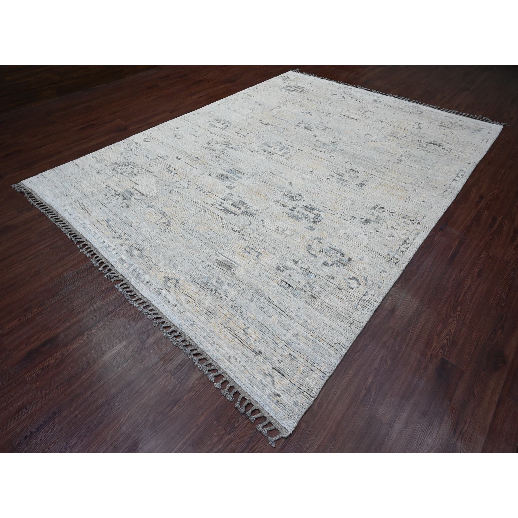 9'x12'1" Misty Gray, Moroccan Weave, Broken and Erased Elephant Feet Design, Hand Knotted, Pure Wool, Oriental Rug Sh20146