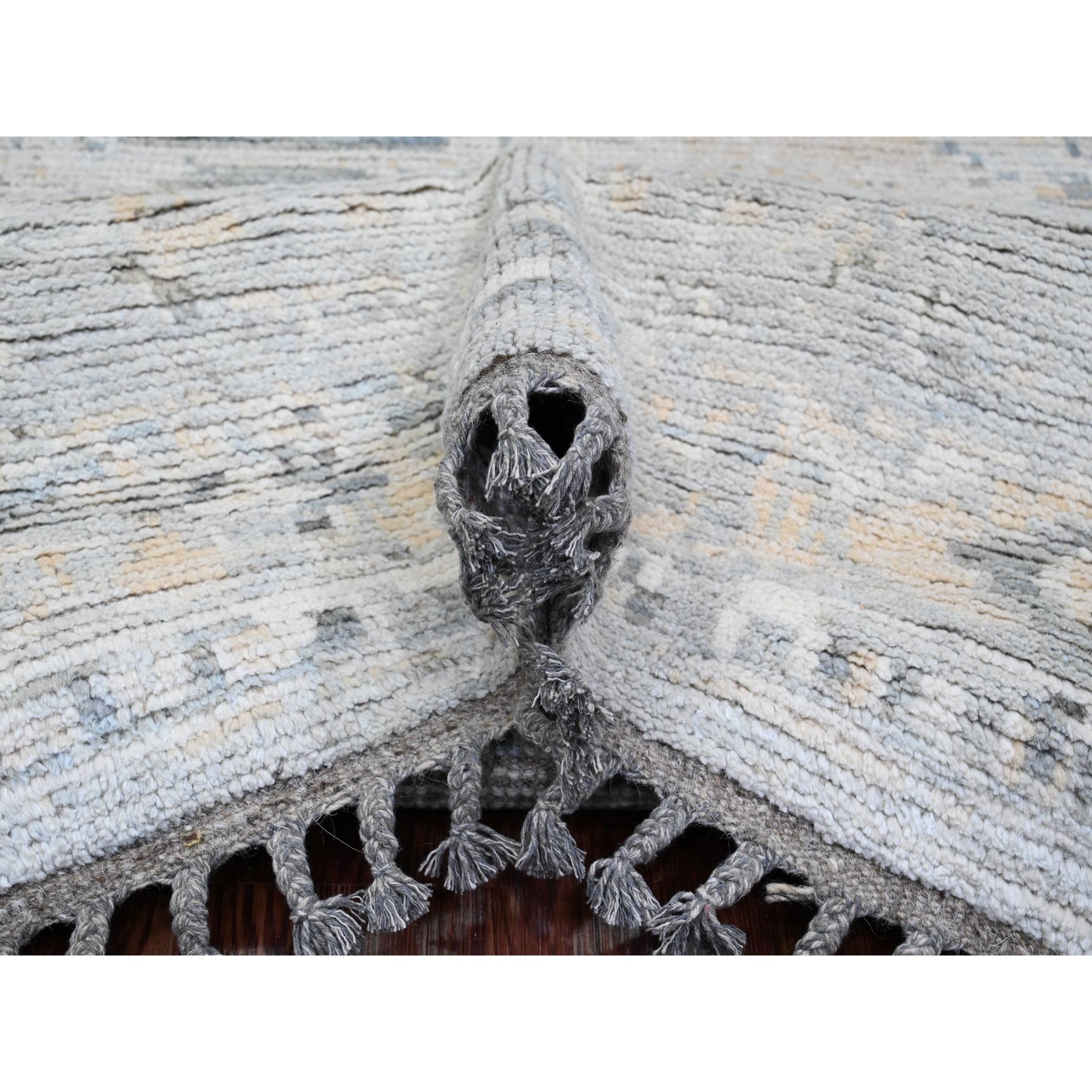 9'x12'1" Misty Gray, Moroccan Weave, Broken and Erased Elephant Feet Design, Hand Knotted, Pure Wool, Oriental Rug Sh20146