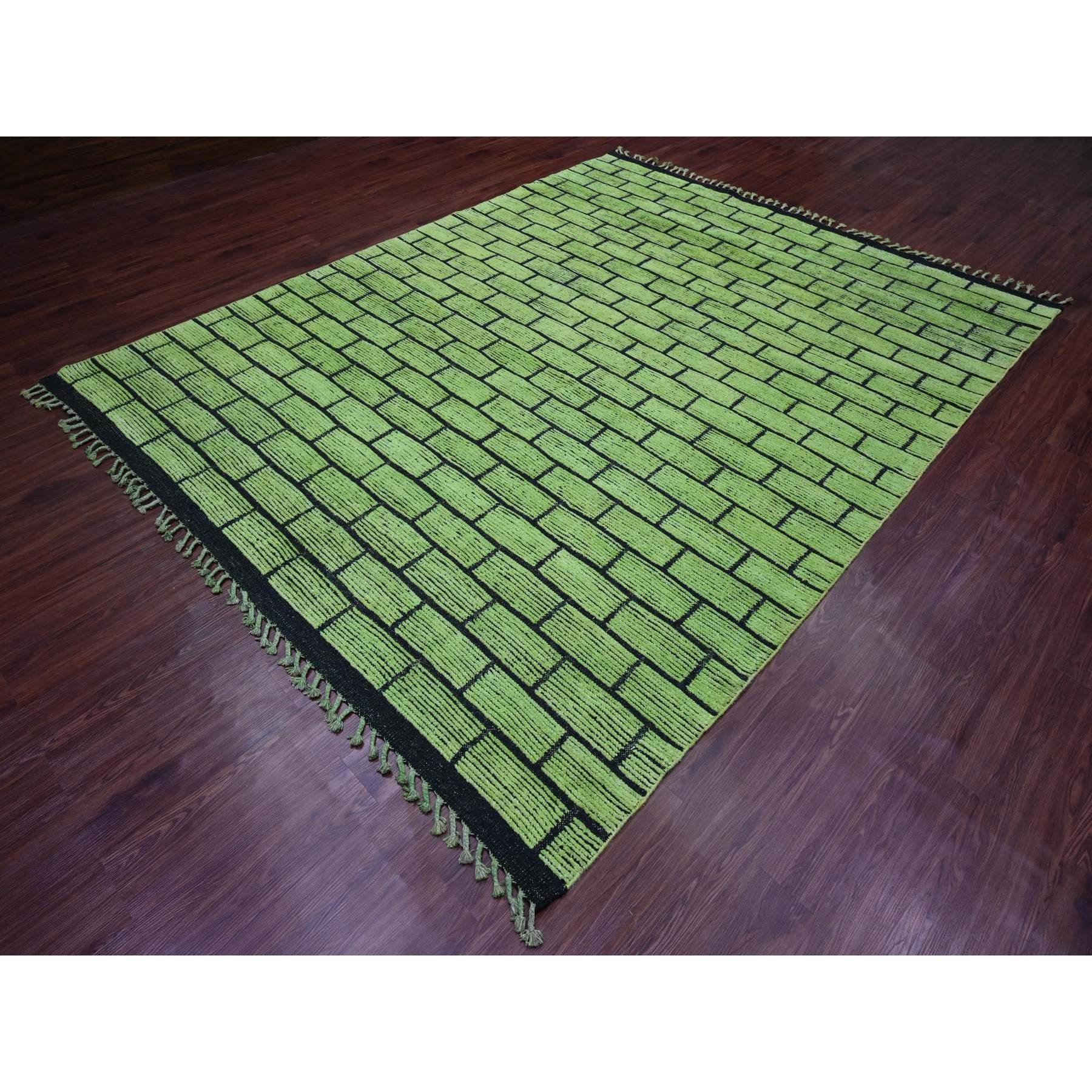 8'2"x10'6" Pear Green, Hand Knotted, Moroccan Weave with All Over Brick Design, Pure Wool, Oriental Rug Sh20147