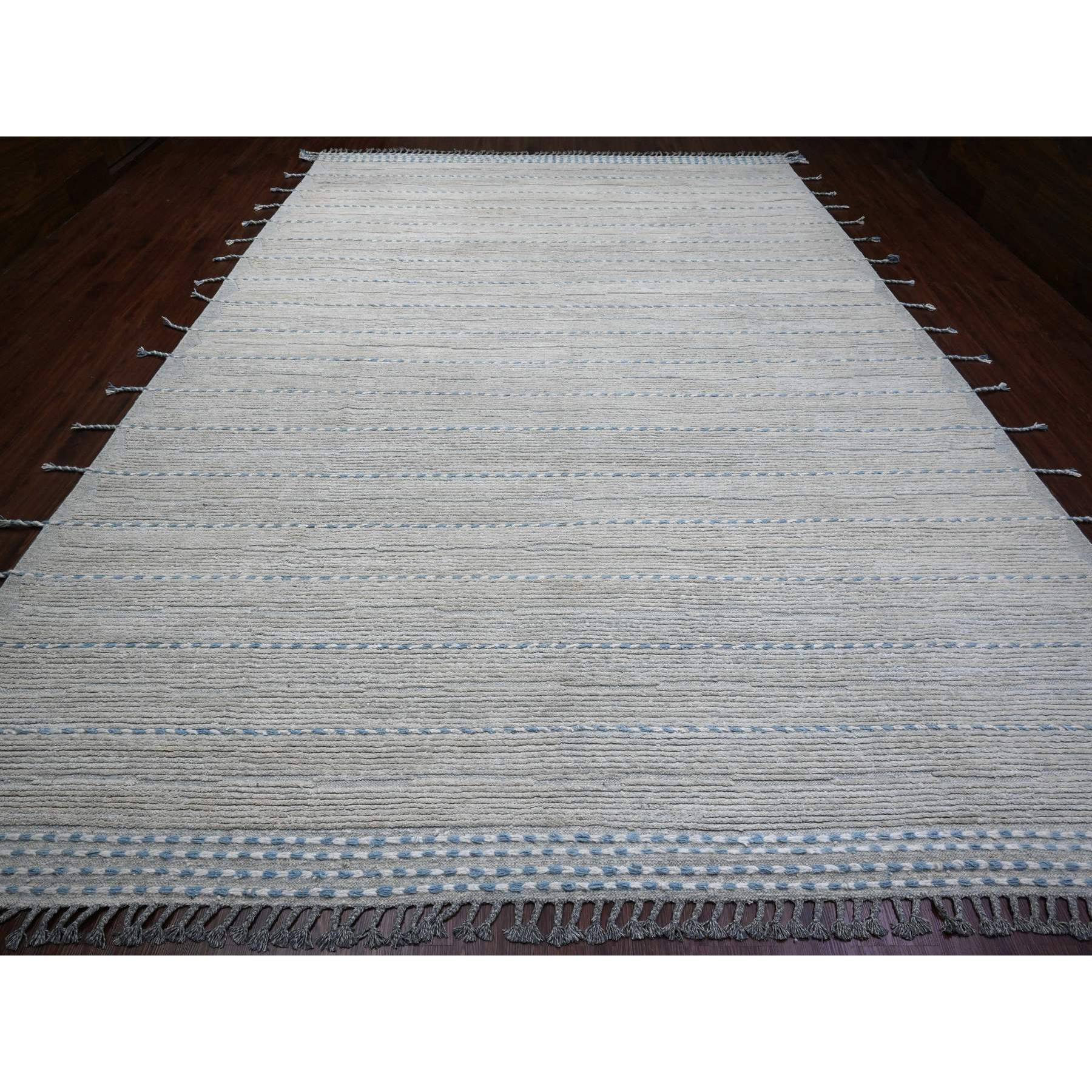 10'2"x14'7" Oyster Gray, Moroccan Weave with Minimalist Line Design, Textured and Variegated Pile, Hand Knotted, 100% Wool, Oriental Rug Sh20149